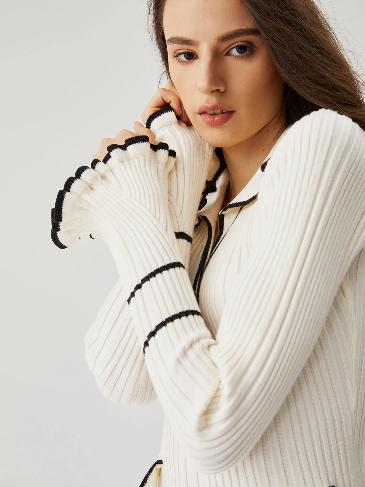Ruffled Trim Contrast Binding Modern Button-up Collar Midi Sweater Dress - Image 9