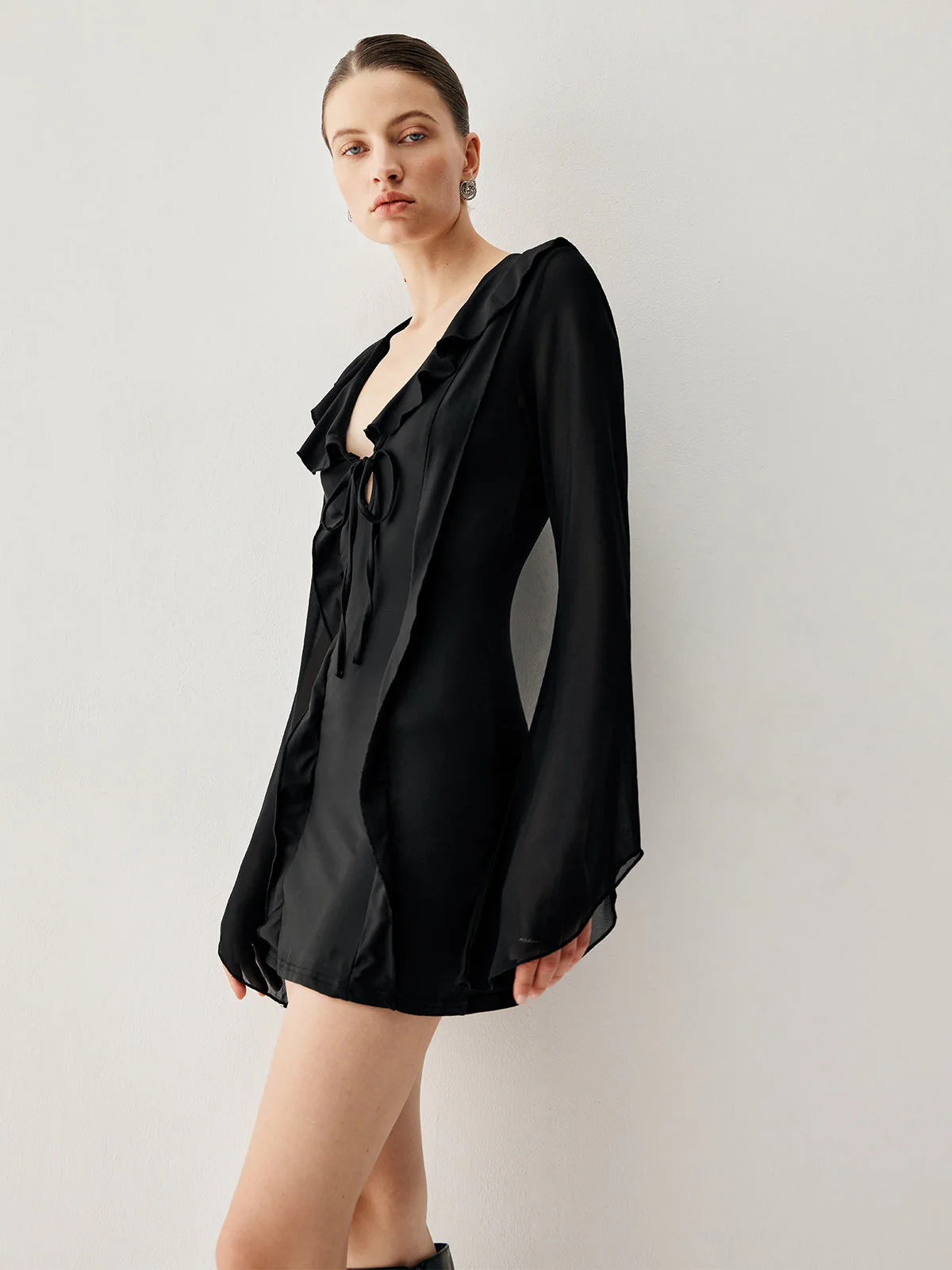 Ruffled Long Sleeve Trendy Tie Patchwork Short Dress - Image 10