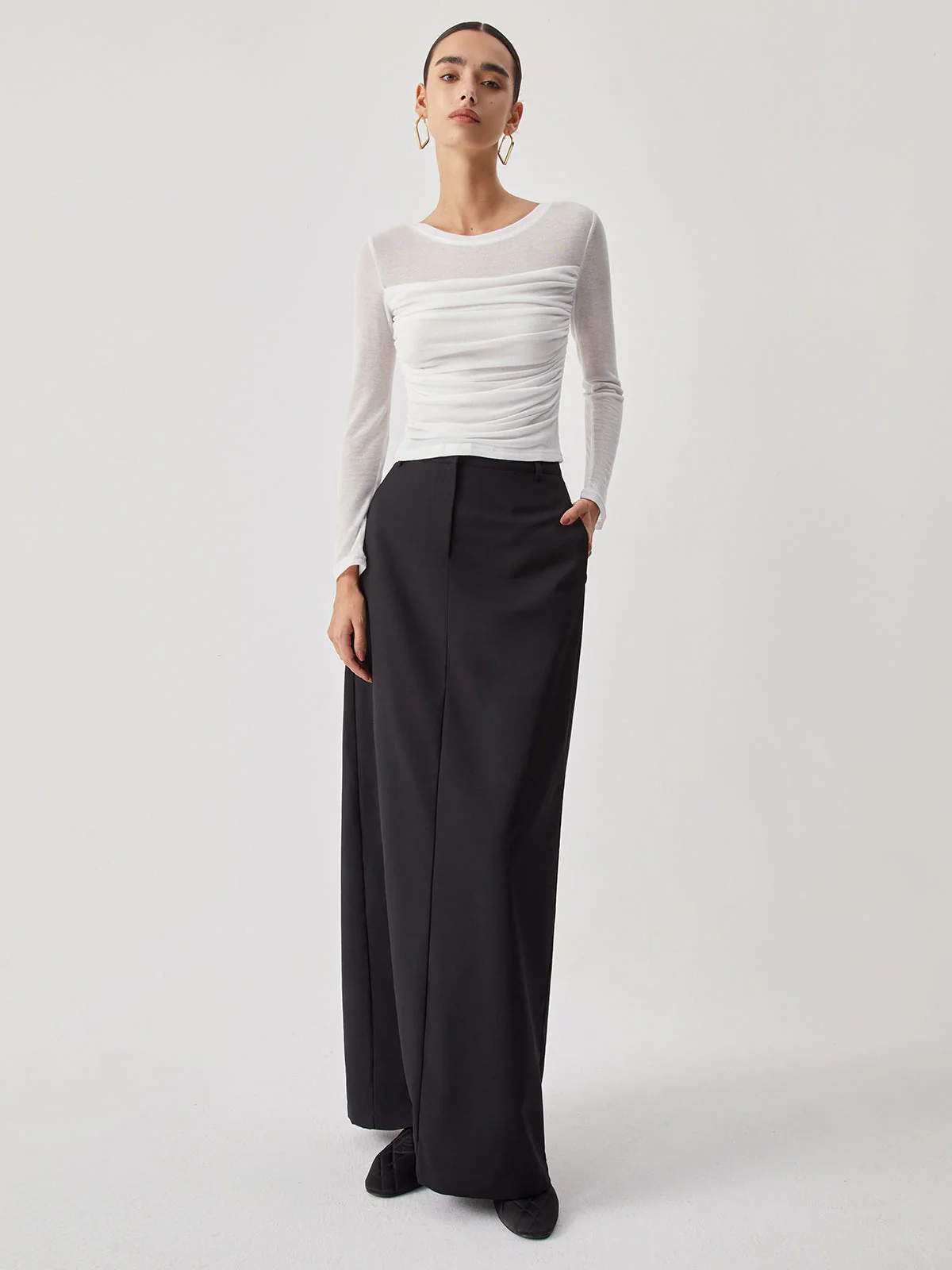 Ruched Semi-Sheer Graceful Long Sleeve Shirt - Image 3