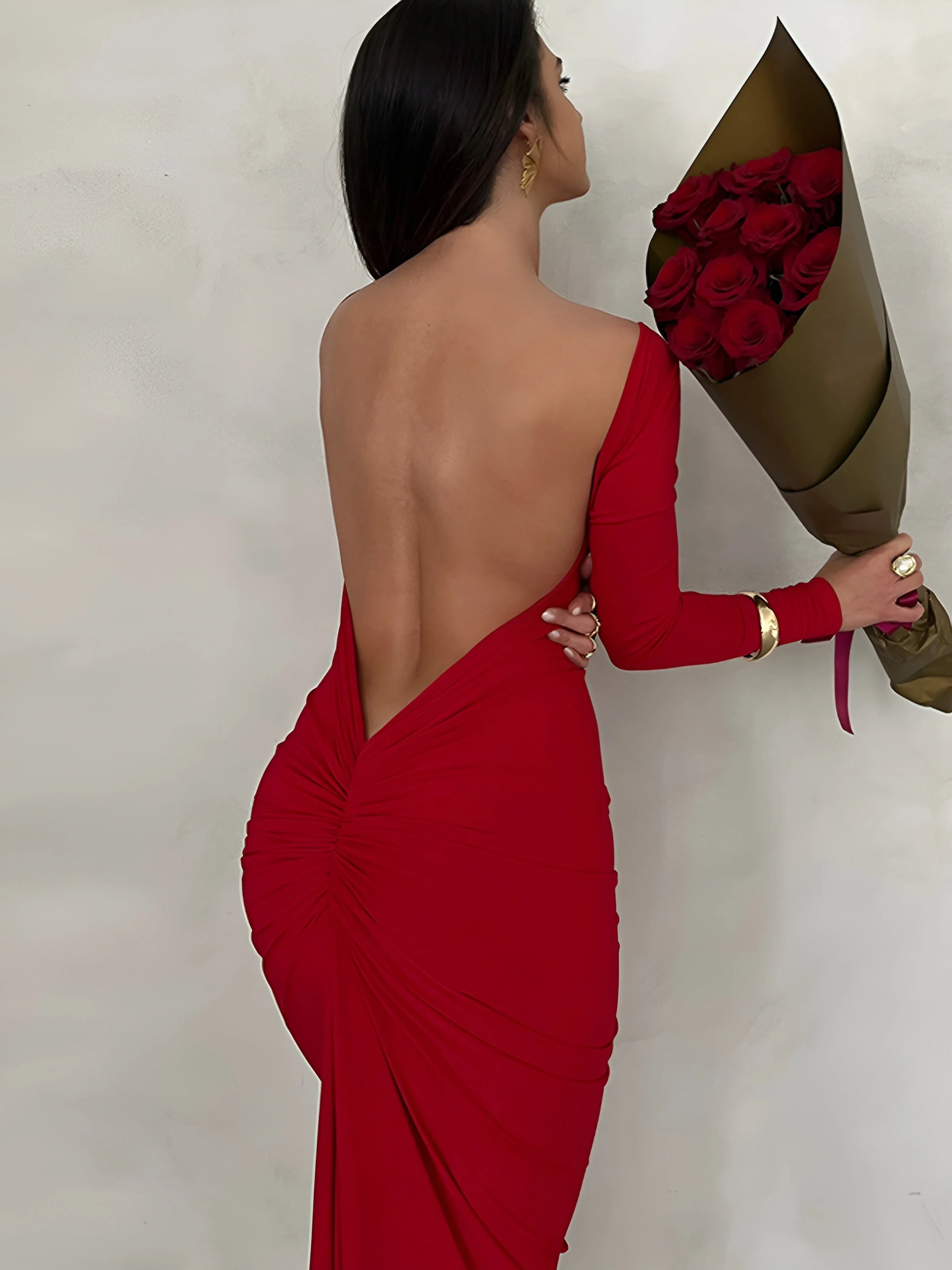 Ruched Open Back Trendy Long Sleeve Maxi Dress - Image 3