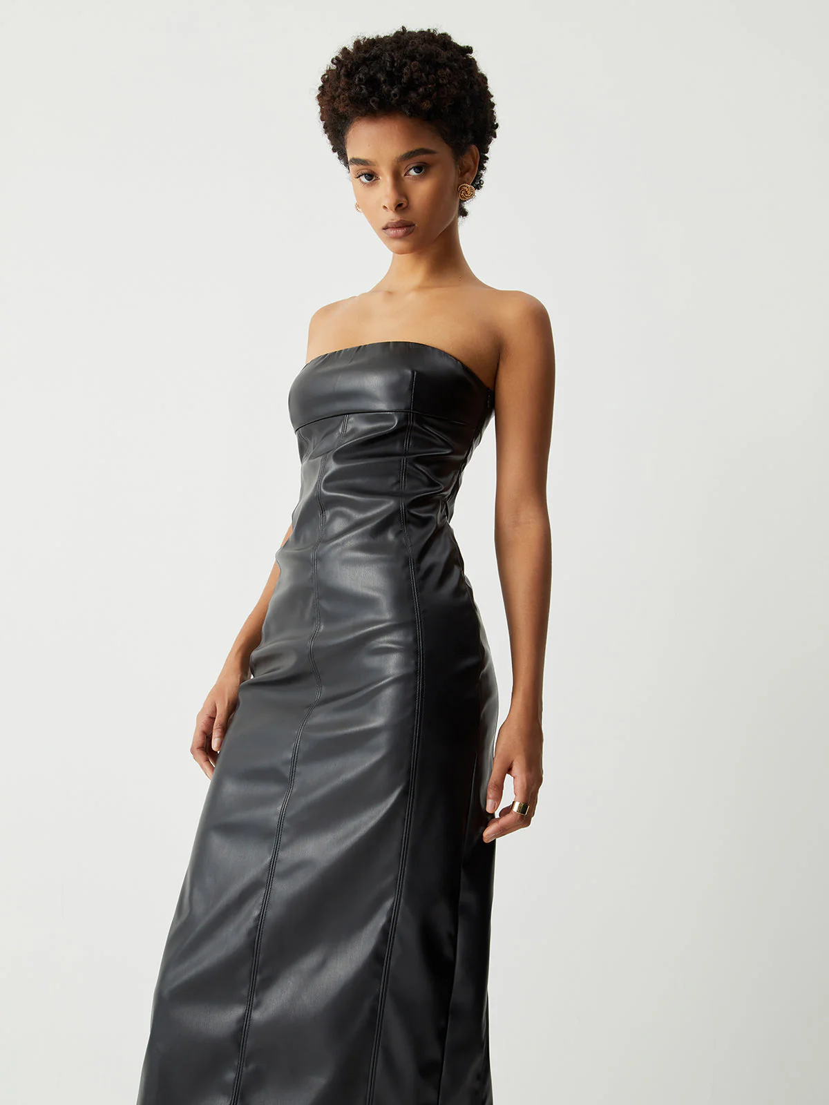 Ruched Faux Leather Trendy Tube Midi Dress - Image 3