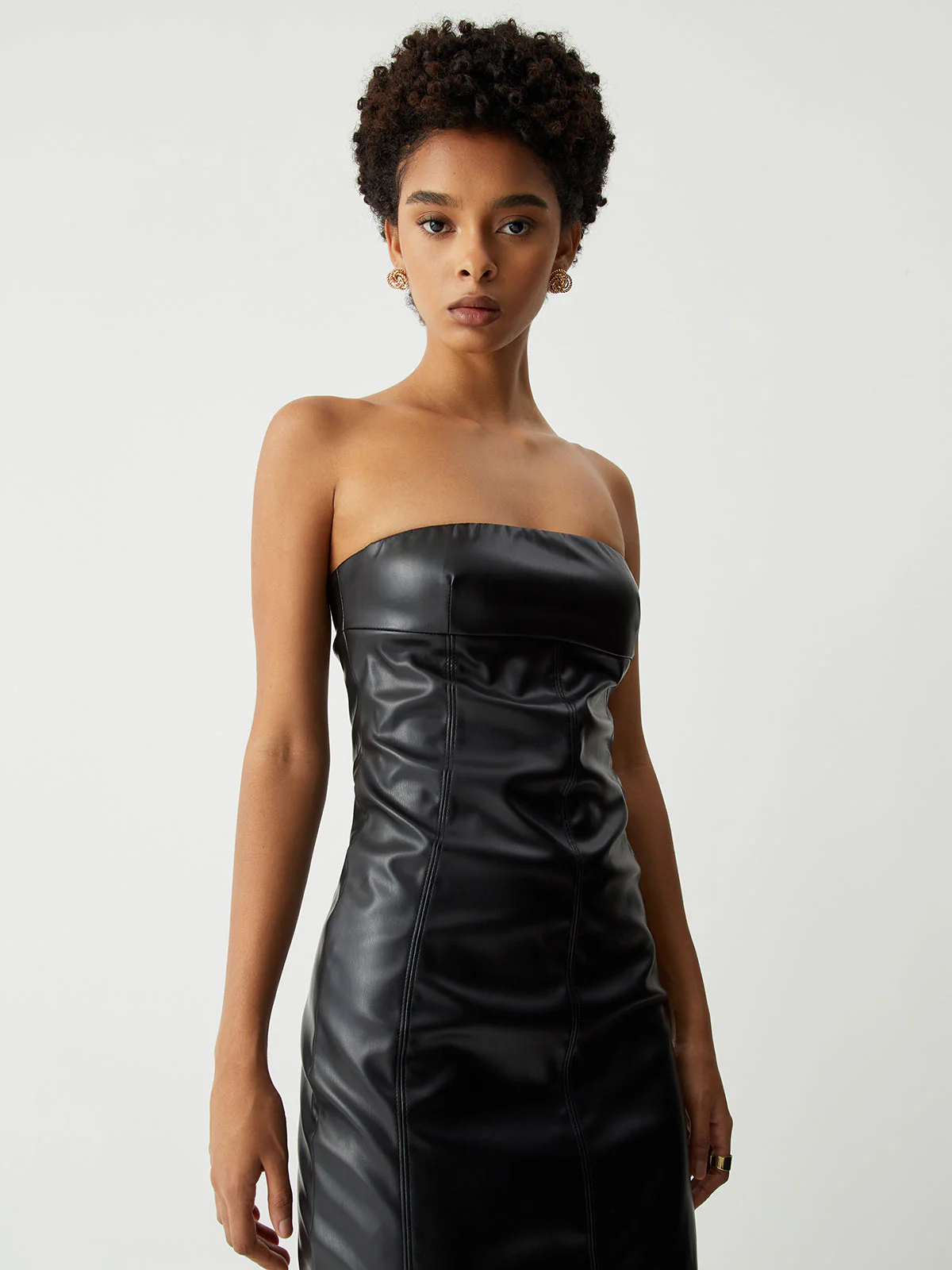 Ruched Faux Leather Trendy Tube Midi Dress - Image 4