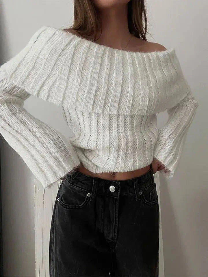 Ribbed Knit Overfold Trendy Off Shoulder Knit Top - Image 2