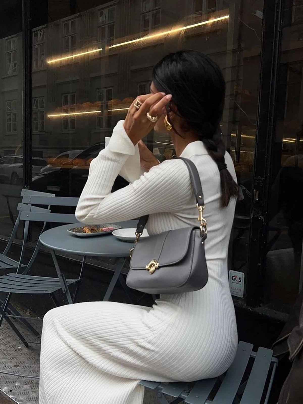Ribbed Knit Long Sleeve Modern V-neck Collar Long Dress - Image 3
