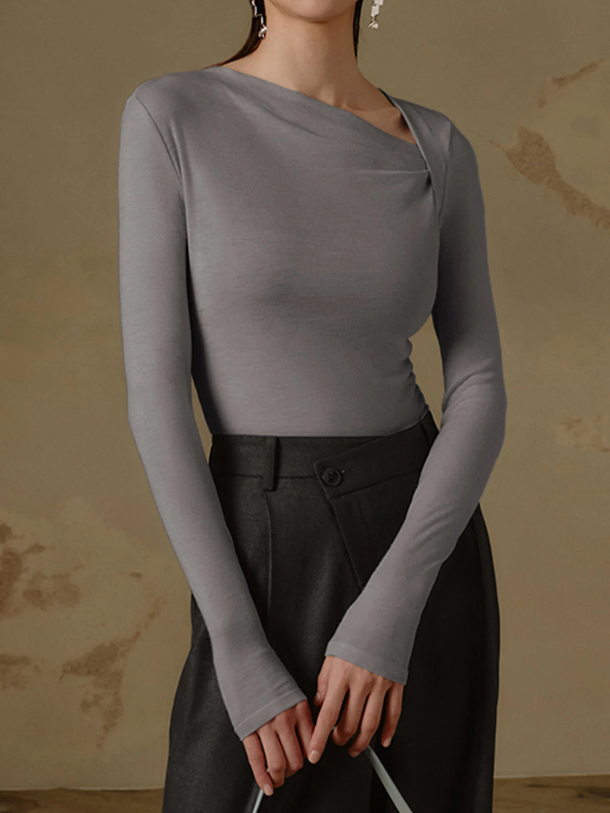 Ribbed Knit Long Trendy Sleeve Asymmetric Shirt - Image 22