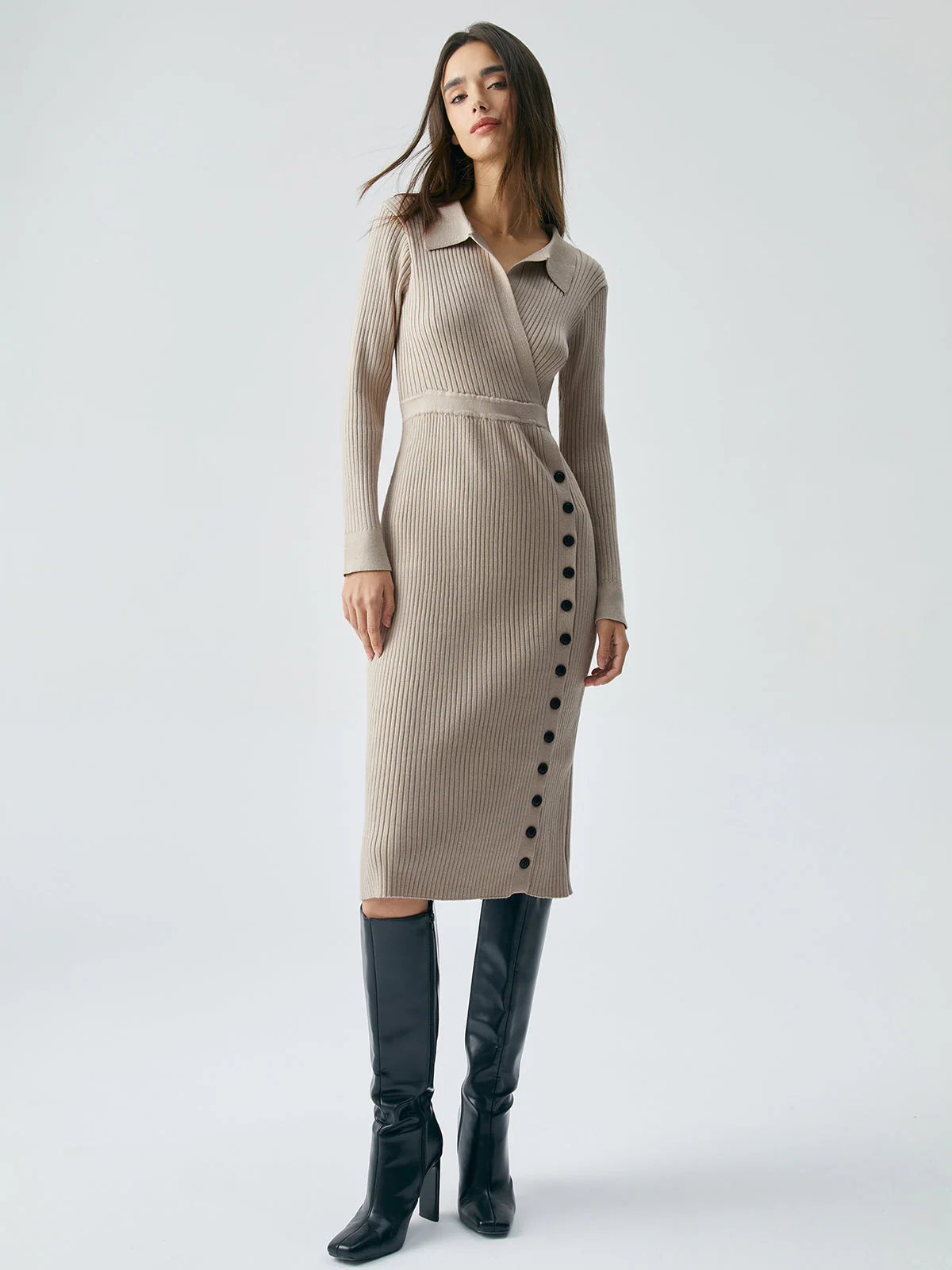 Ribbed Knit Contrast Trim Modern Collared Sweater Midi Dress - Image 2