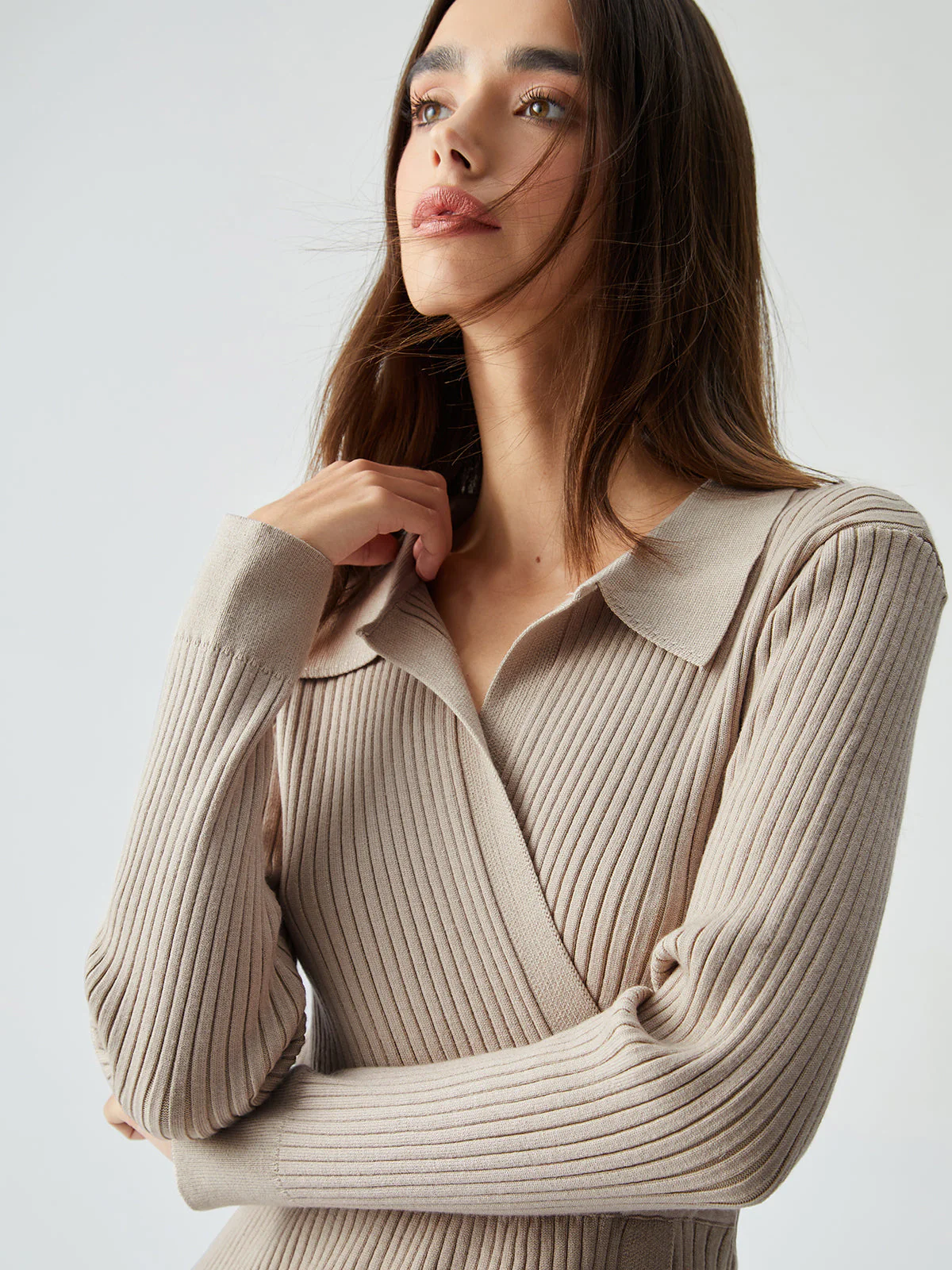 Ribbed Knit Contrast Trim Modern Collared Sweater Midi Dress - Image 4