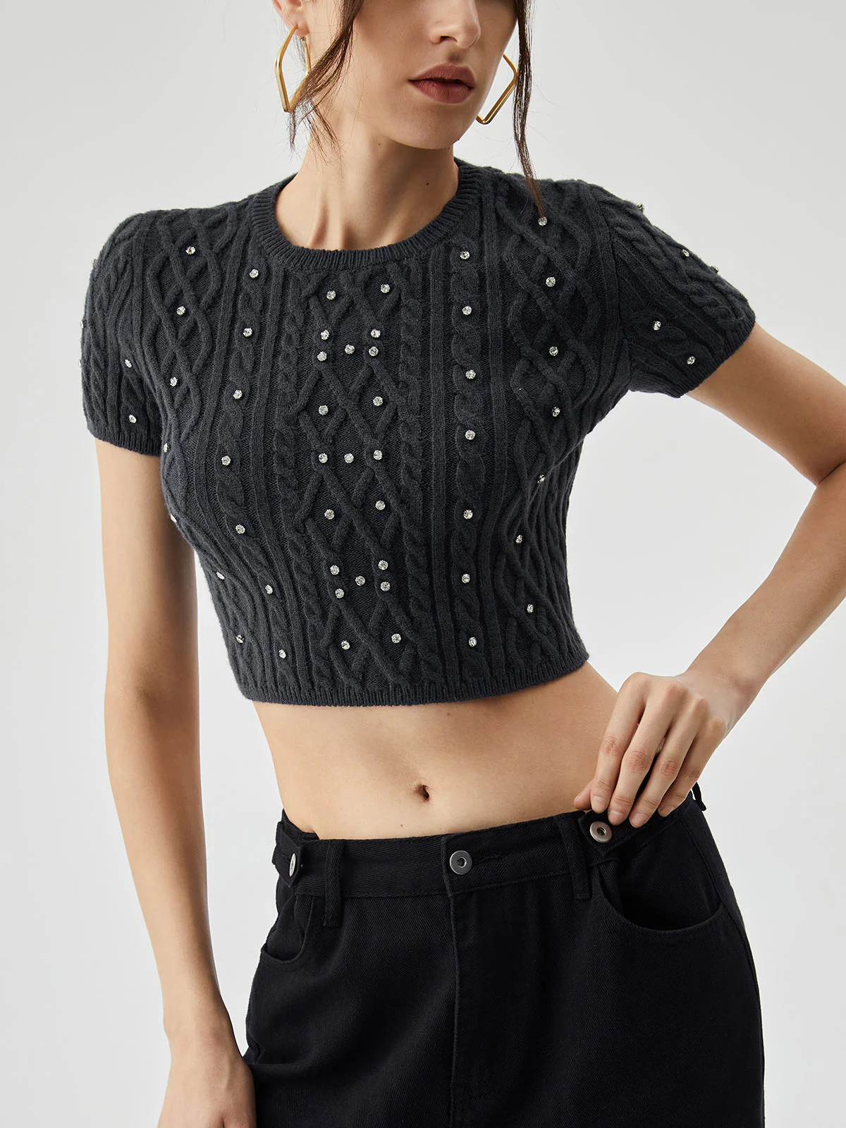 Rhinestones Decor Cable Trendy Knit Crop Top - Image 7