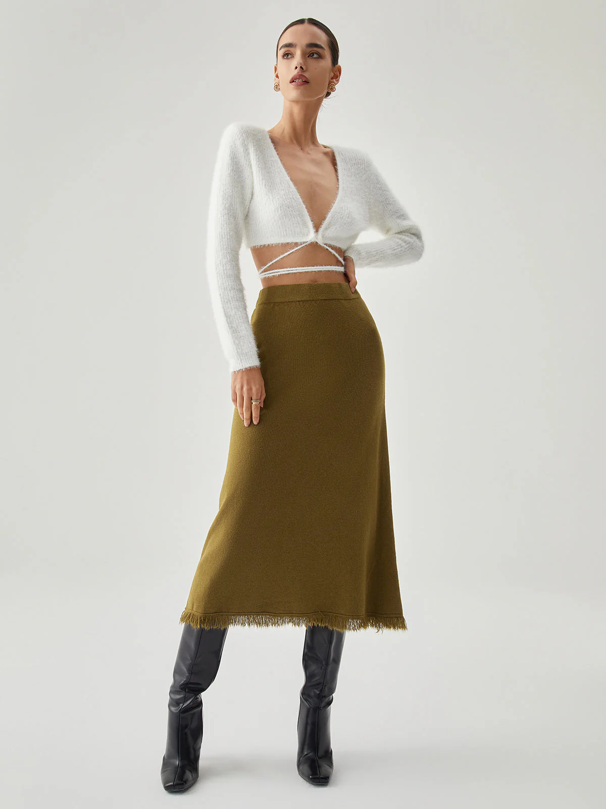 Raw Hem High Trendy Waist Midi Knit Skirt - Image 5