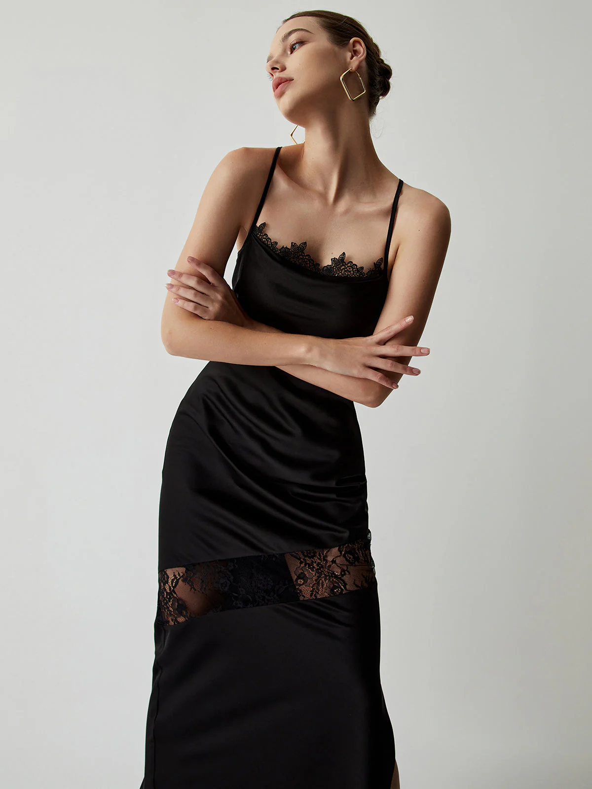 Floral Lace Graceful Satin Long Dress - Image 3