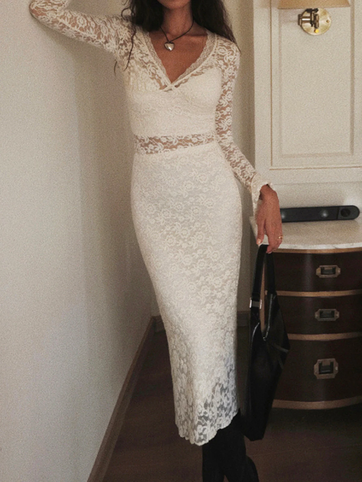 Floral Lace Long Trendy Sleeve Plunge Midi Dress - Image 3