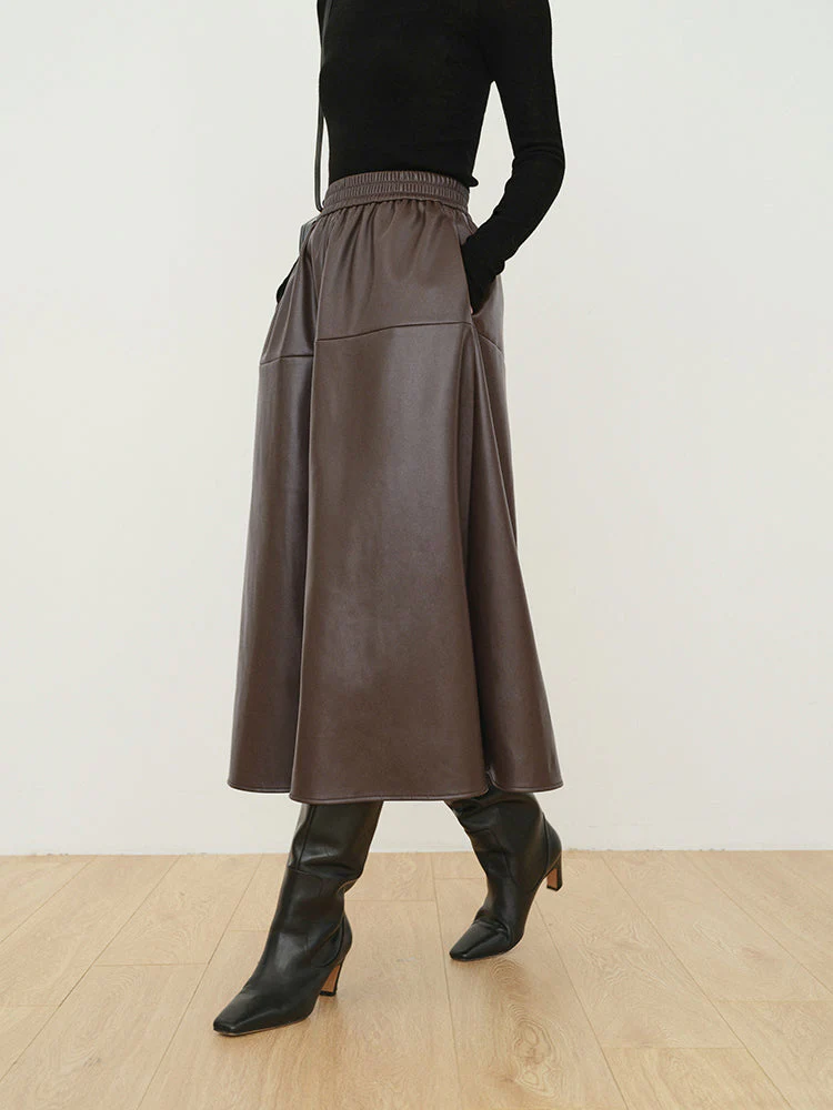 Double Pockets Graceful Leather Maxi Skirt - Image 12