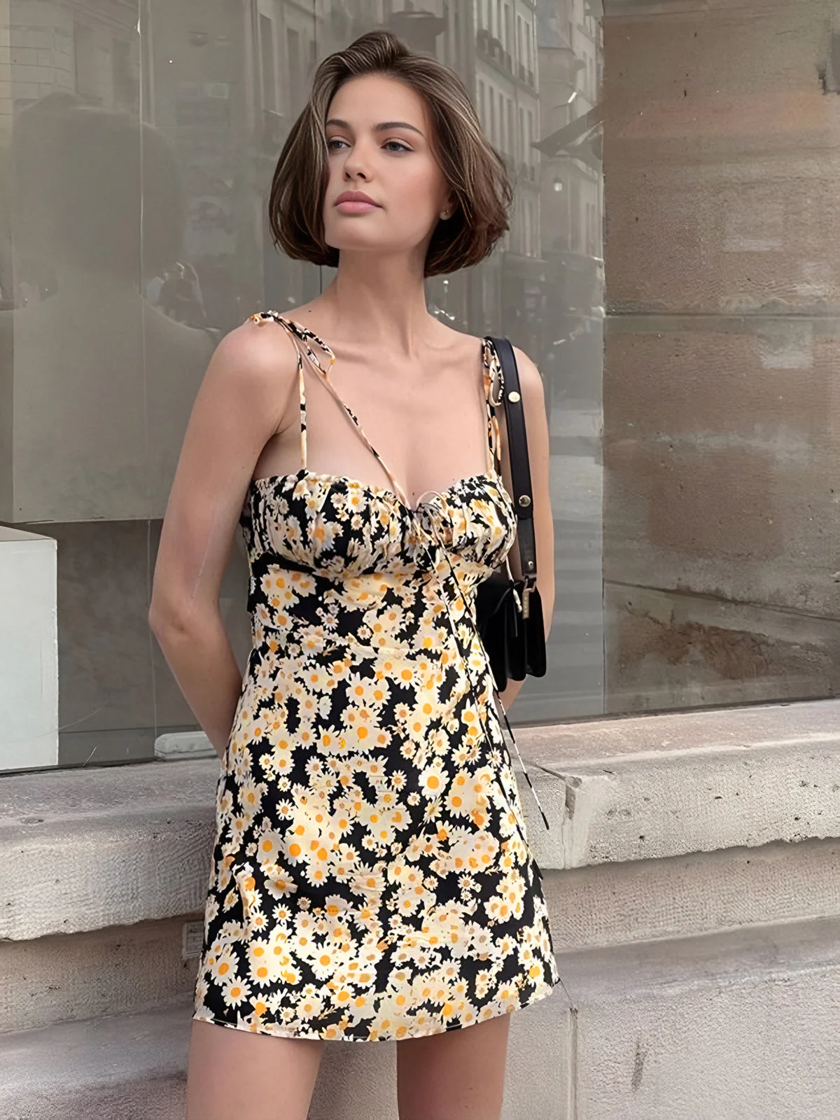 Daisy Printed Graceful Floral Short Dress - Image 10