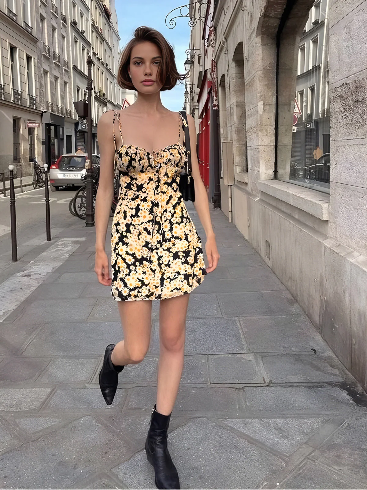 Daisy Printed Graceful Floral Short Dress - Image 5