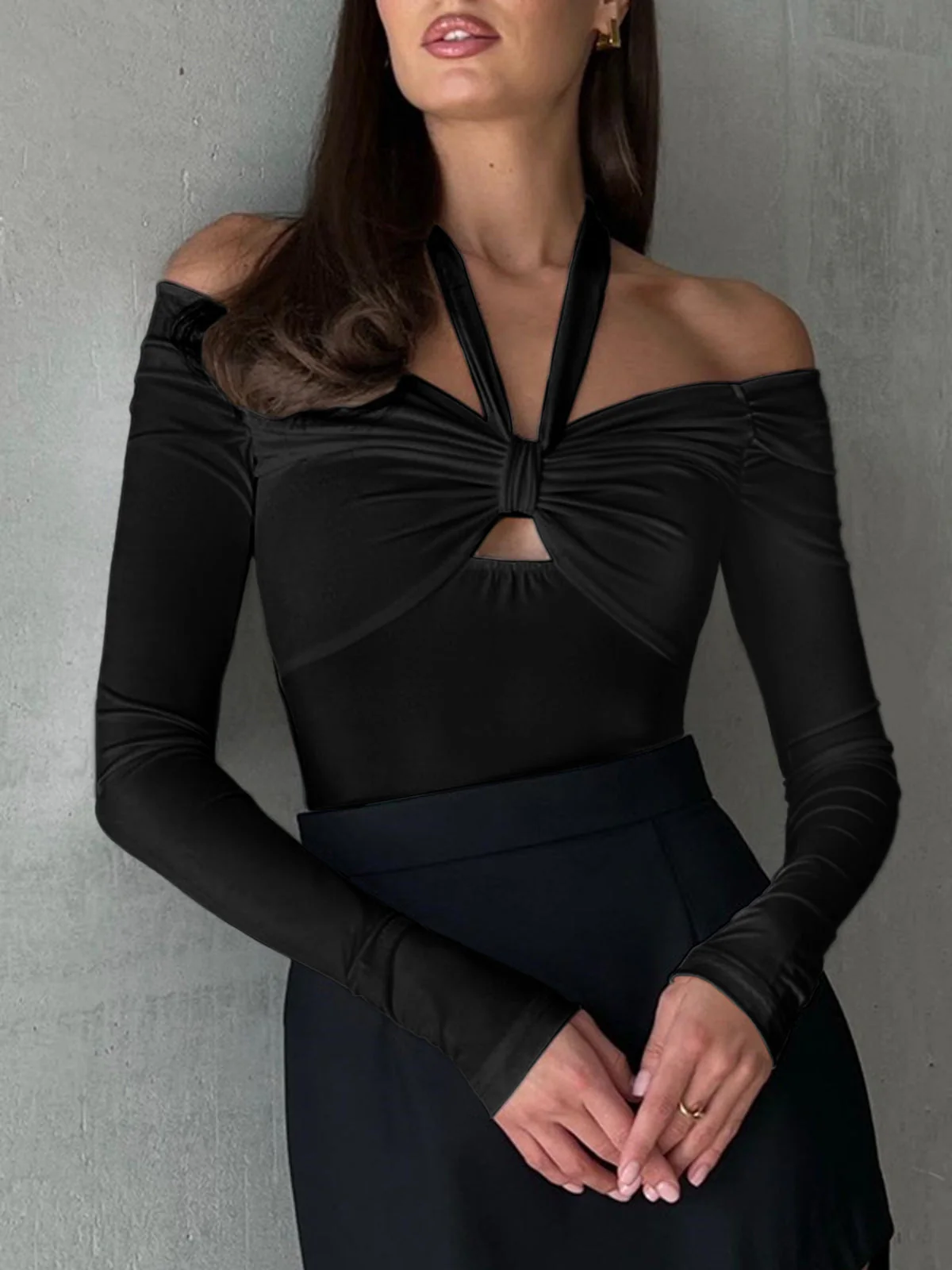 Cut Out Knotted Trendy Long Sleeve Halter Shirt - Image 9