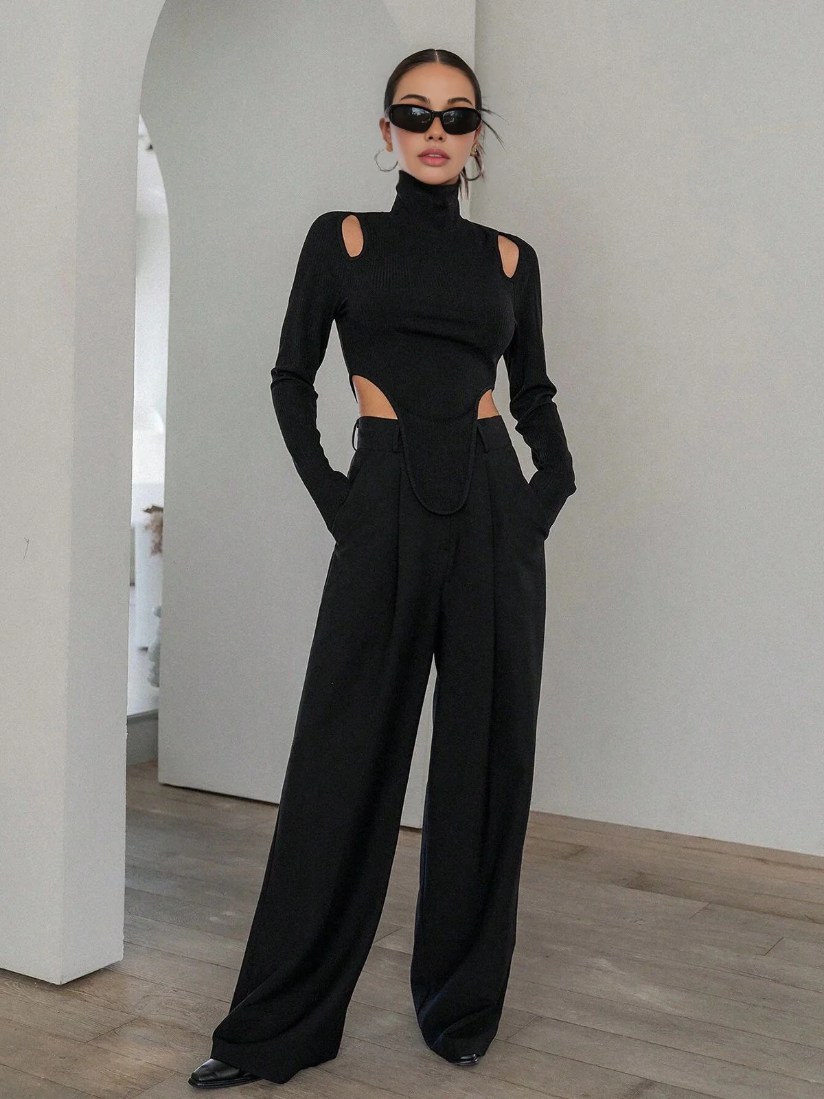 Cut Out High Trendy Neck Asymmetric Hem Top - Image 11