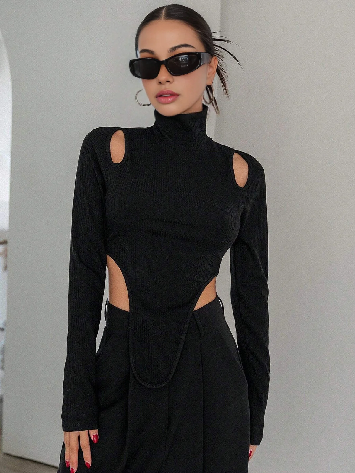 Cut Out High Trendy Neck Asymmetric Hem Top - Image 6