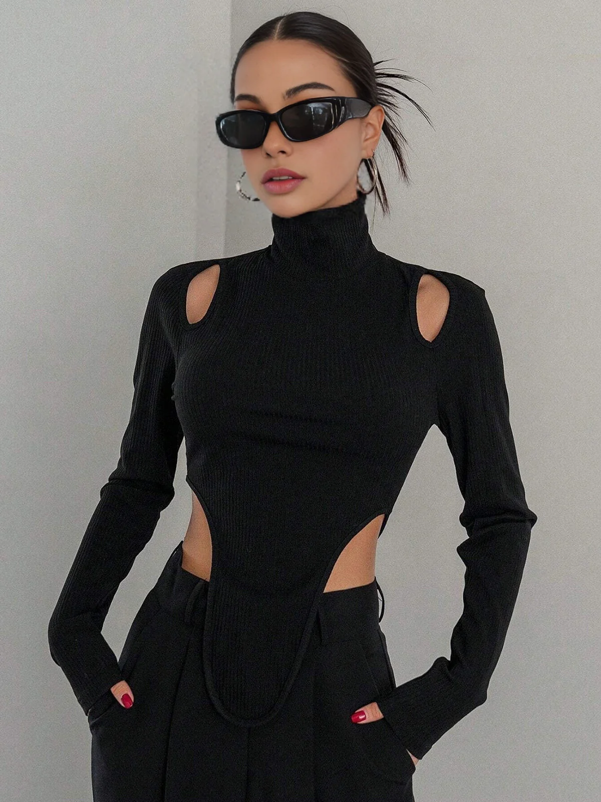 Cut Out High Trendy Neck Asymmetric Hem Top - Image 8