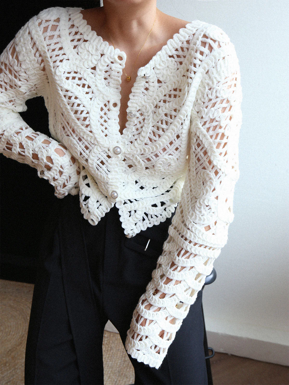 Crocheted Hollow Graceful Beaded Button Cardigan - Image 8
