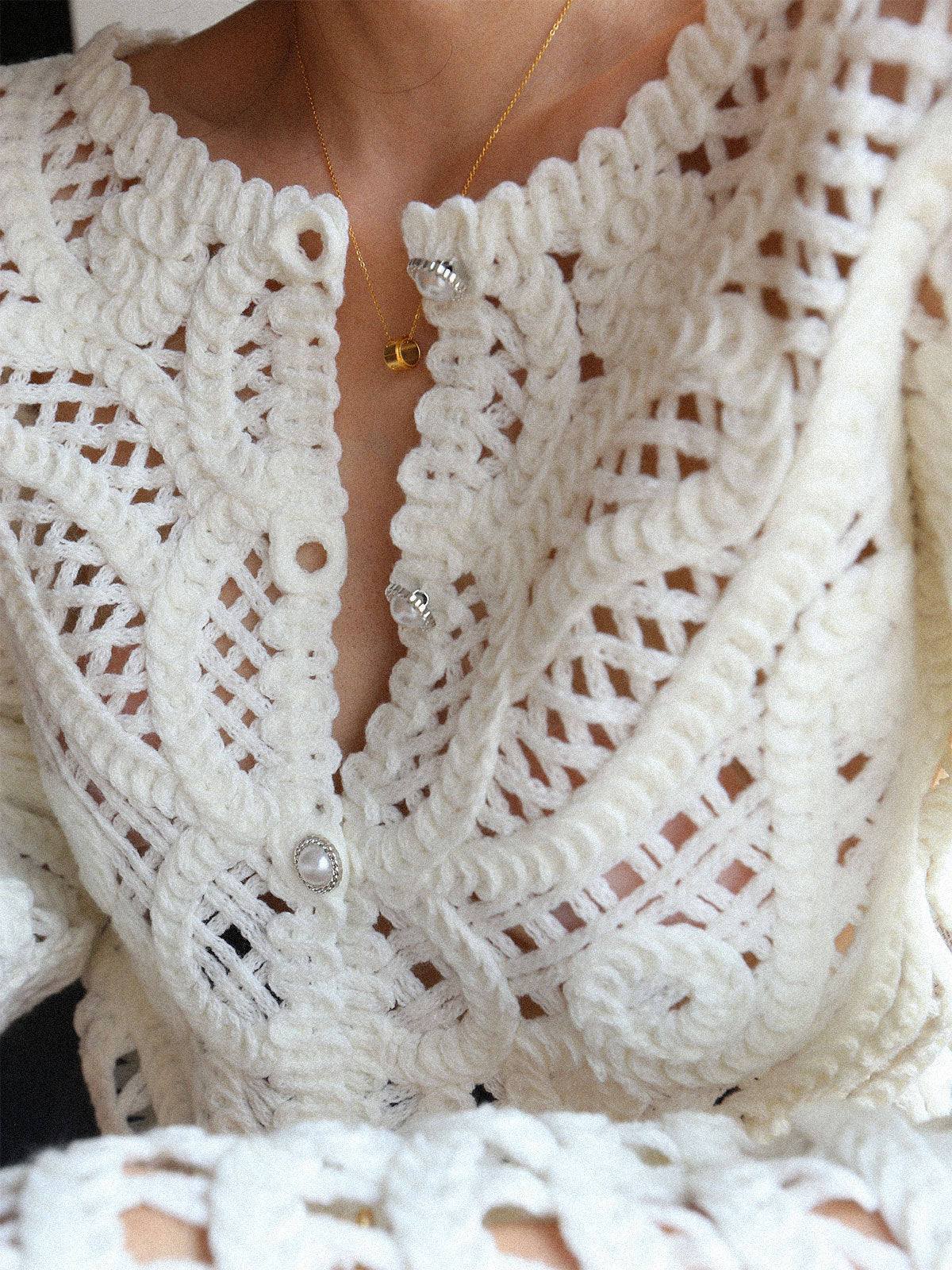 Crocheted Hollow Graceful Beaded Button Cardigan - Image 9