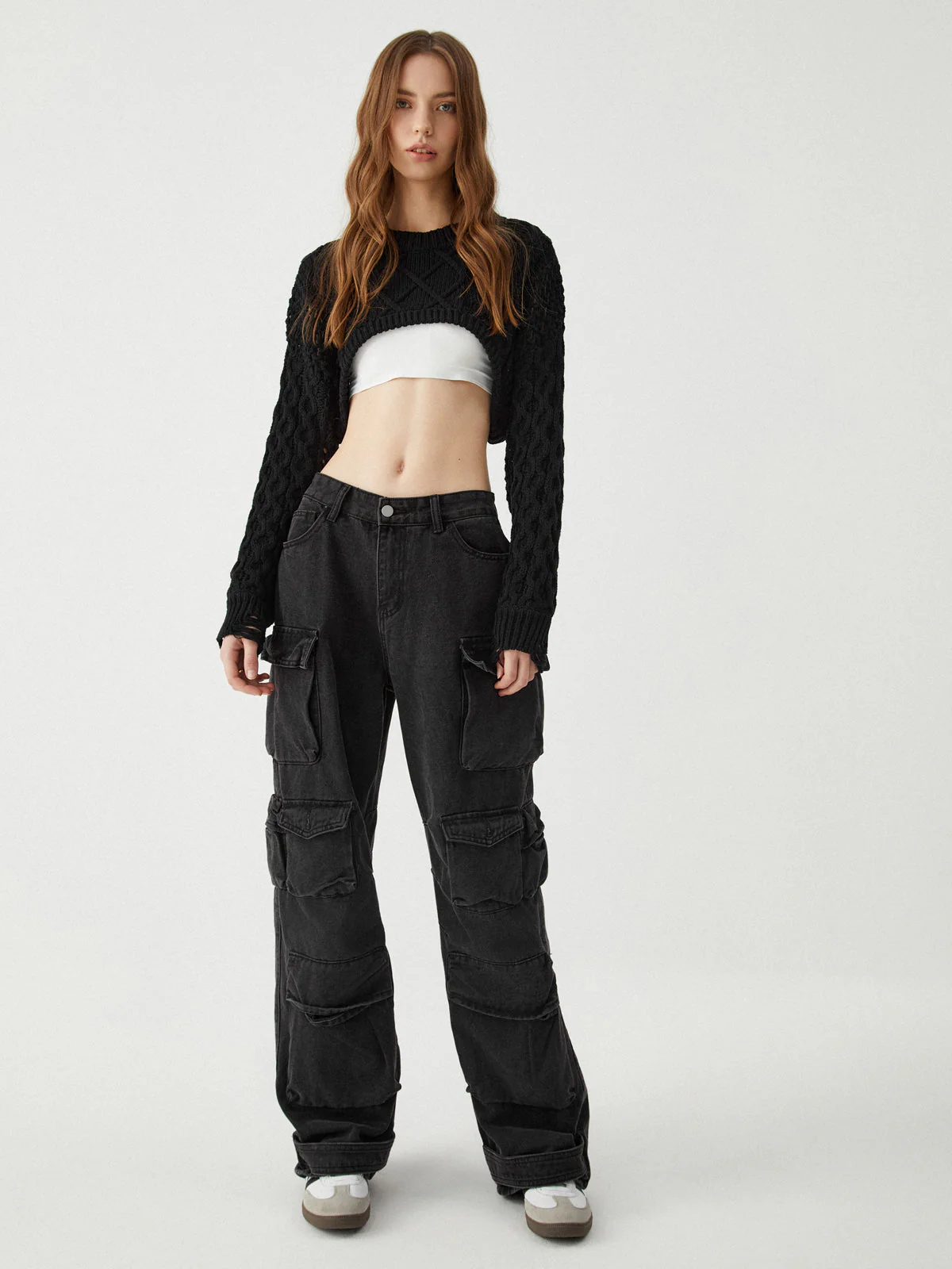 Crocheted Cable Knit Trendy Long Sleeve Crop Top - Image 2