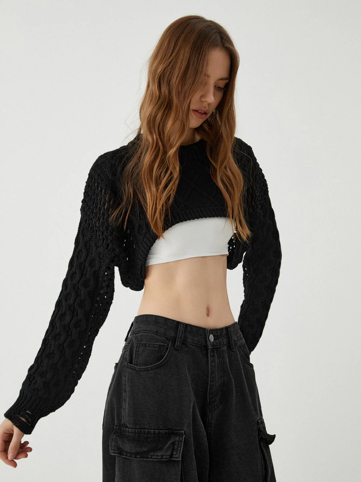 Crocheted Cable Knit Trendy Long Sleeve Crop Top - Image 8