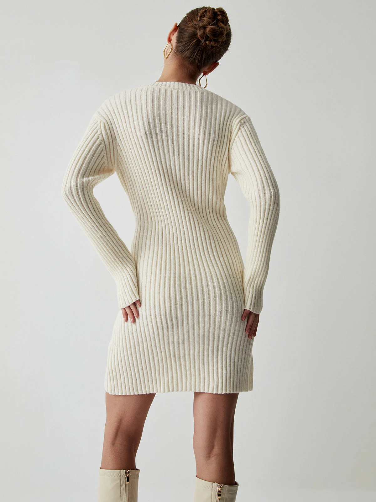 Cream Rib Long Trendy Sleeve Short Sweater Dress - Image 4
