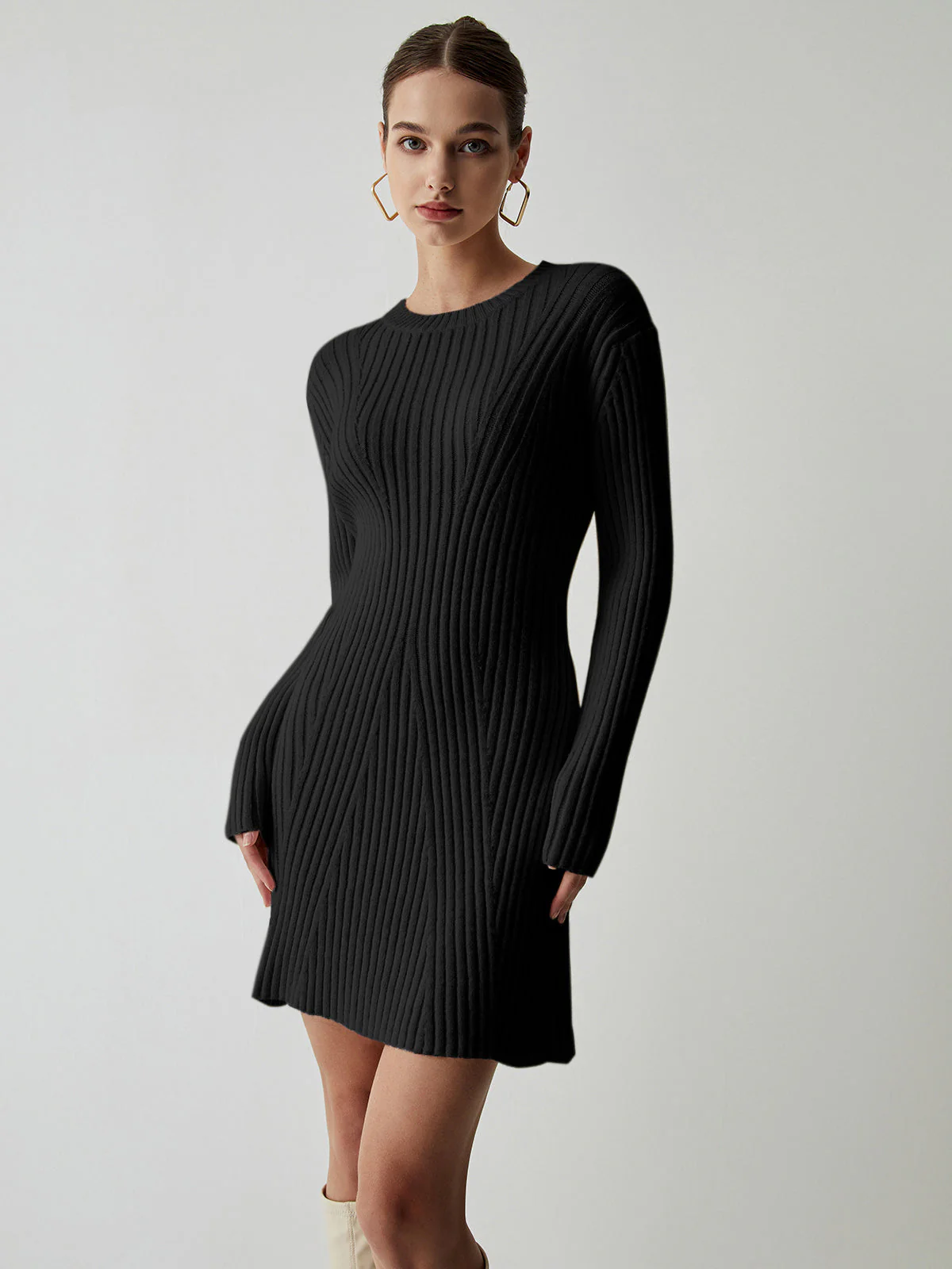 Cream Rib Long Trendy Sleeve Short Sweater Dress - Image 9