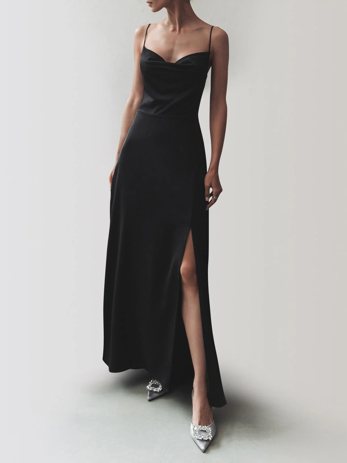 Cowl Neck Satin Trendy Slit Long Dress - Image 2