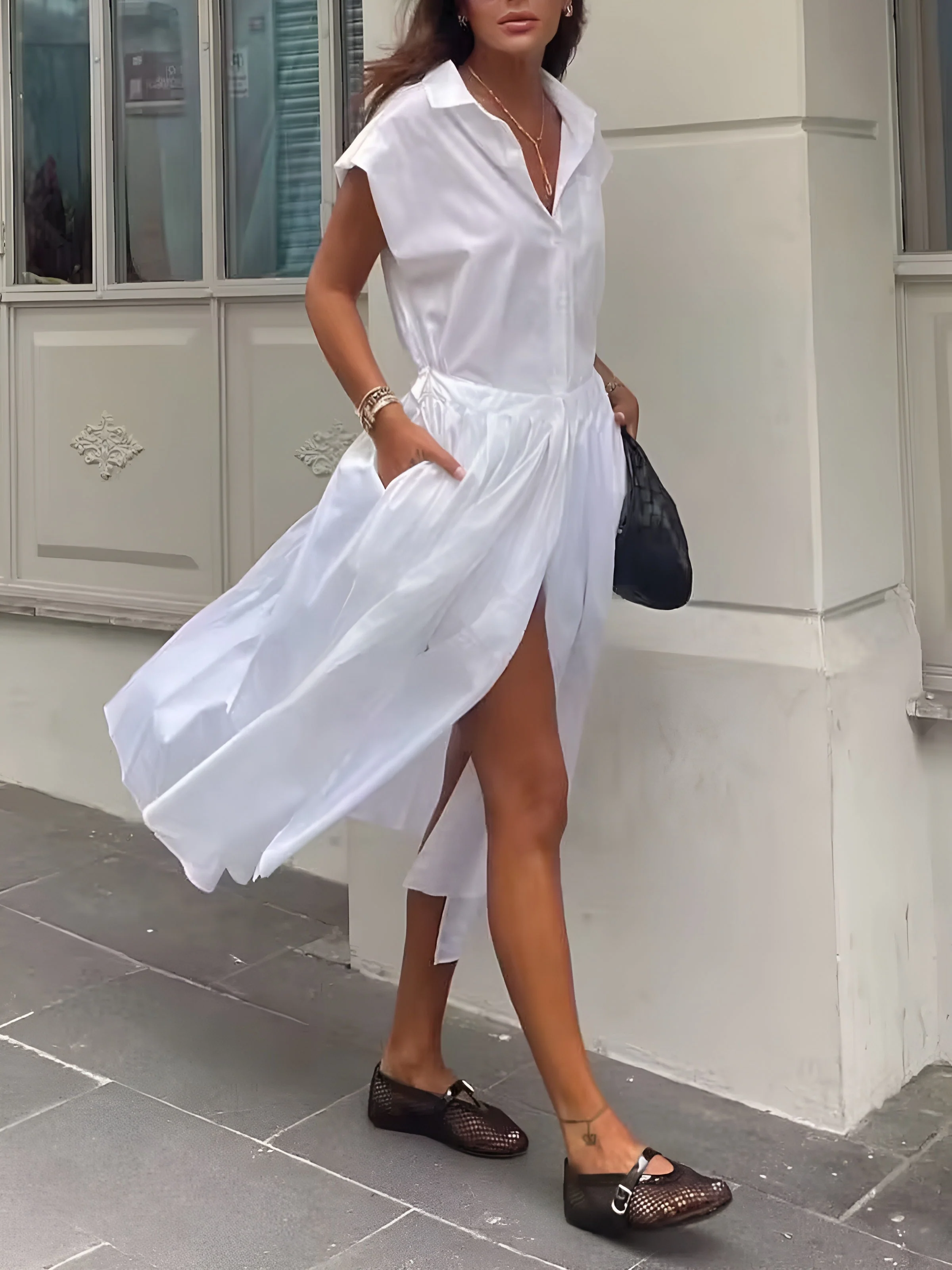 Cotton Blends Sleeveless Trendy Split Midi Dress - Image 11