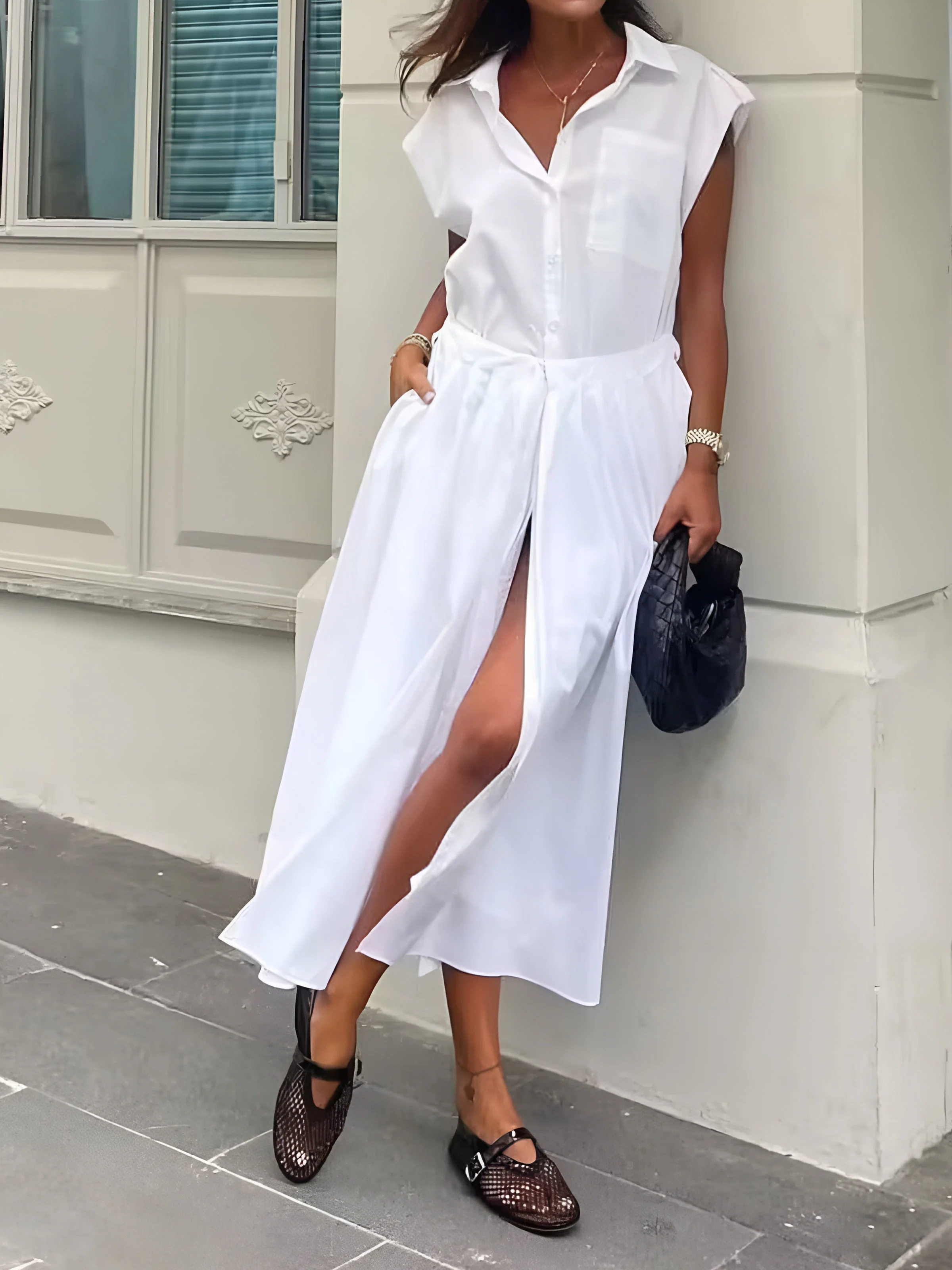 Cotton Blends Sleeveless Trendy Split Midi Dress - Image 12