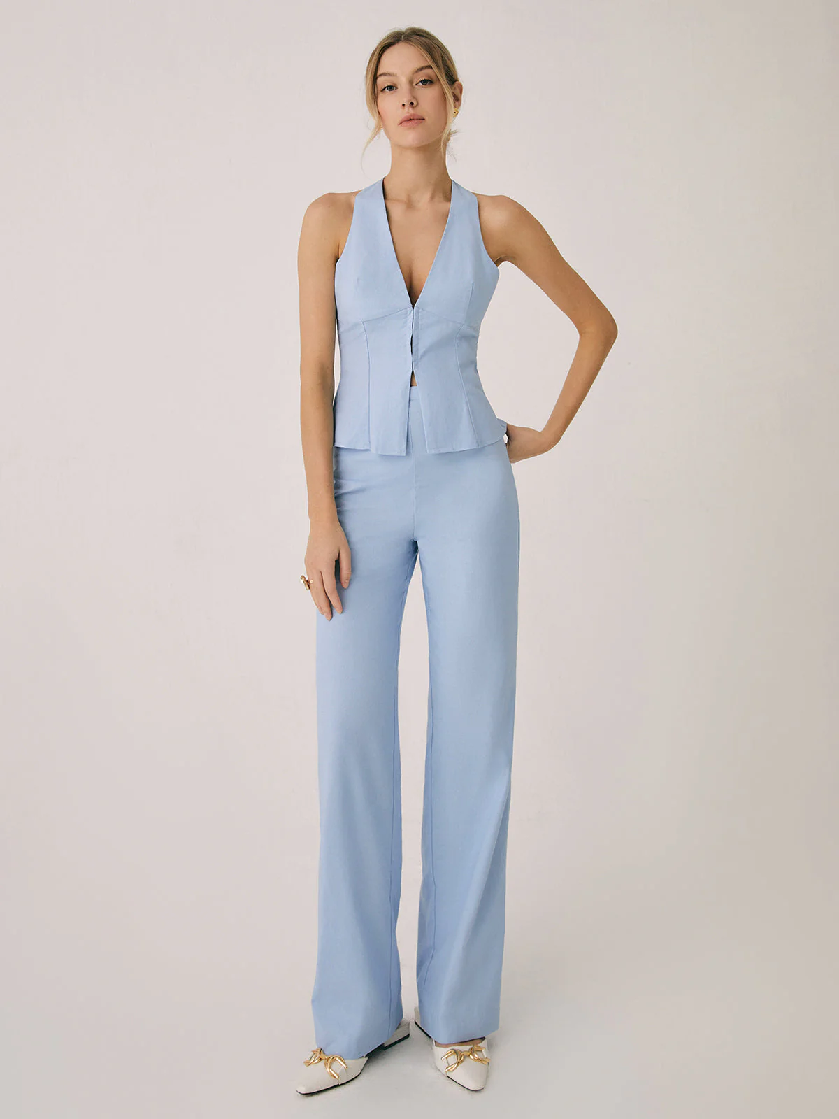 Cotton & Linen Vest Modern With Straight Leg Pants Set - Image 14