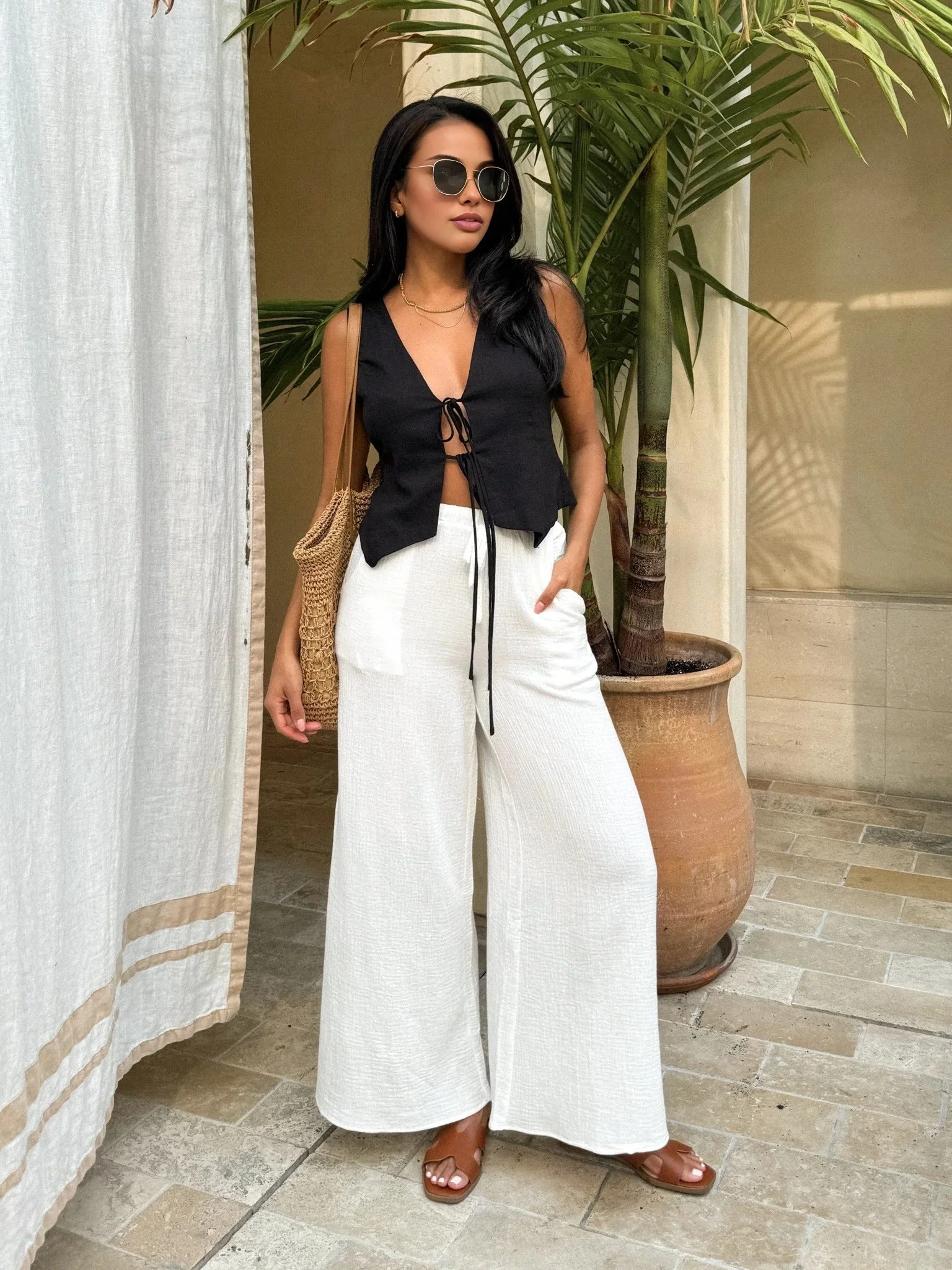 Cotton & Linen Trendy Tie-Detail Vest Top - Image 7