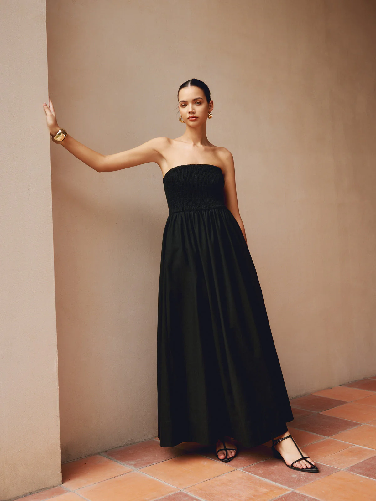 Cotton & Linen Trendy Pleat Strapless Long Dress