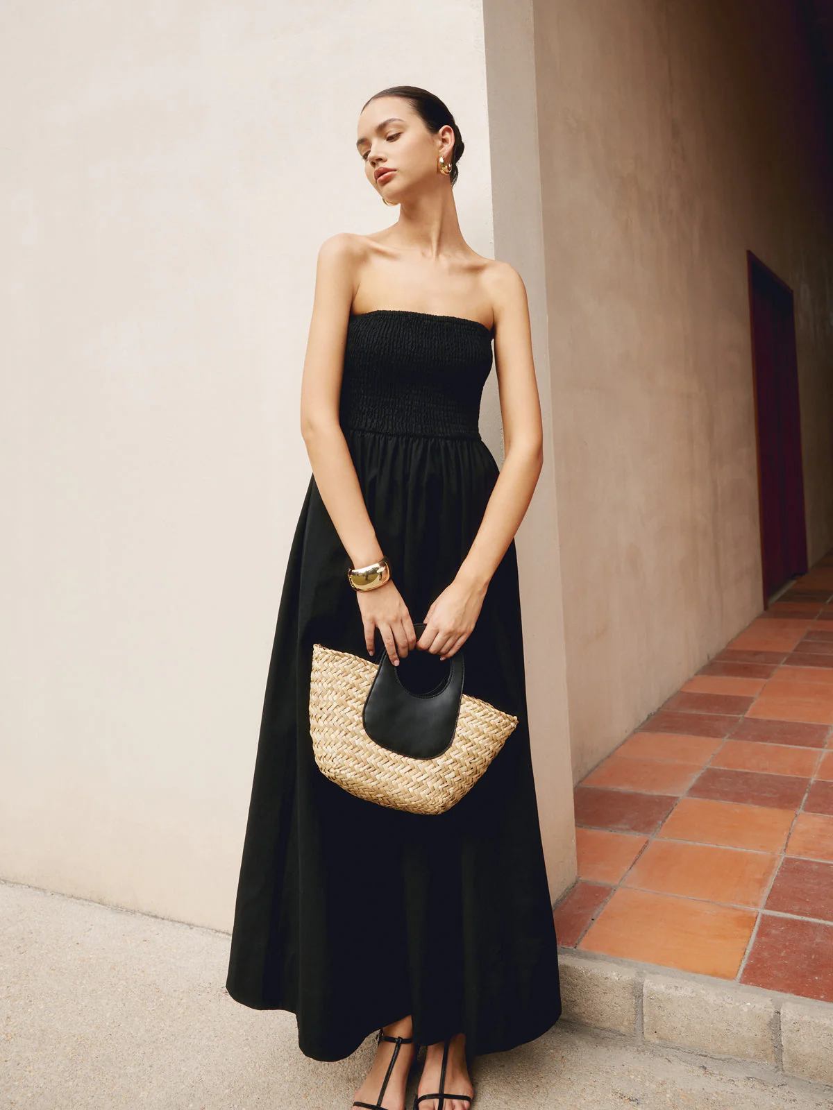 Cotton & Linen Trendy Pleat Strapless Long Dress - Image 2