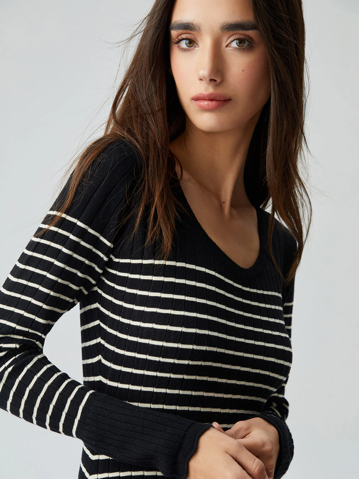 Contrast Trim Striped Crew Modern Neck Knit Sweater Dress - Image 3