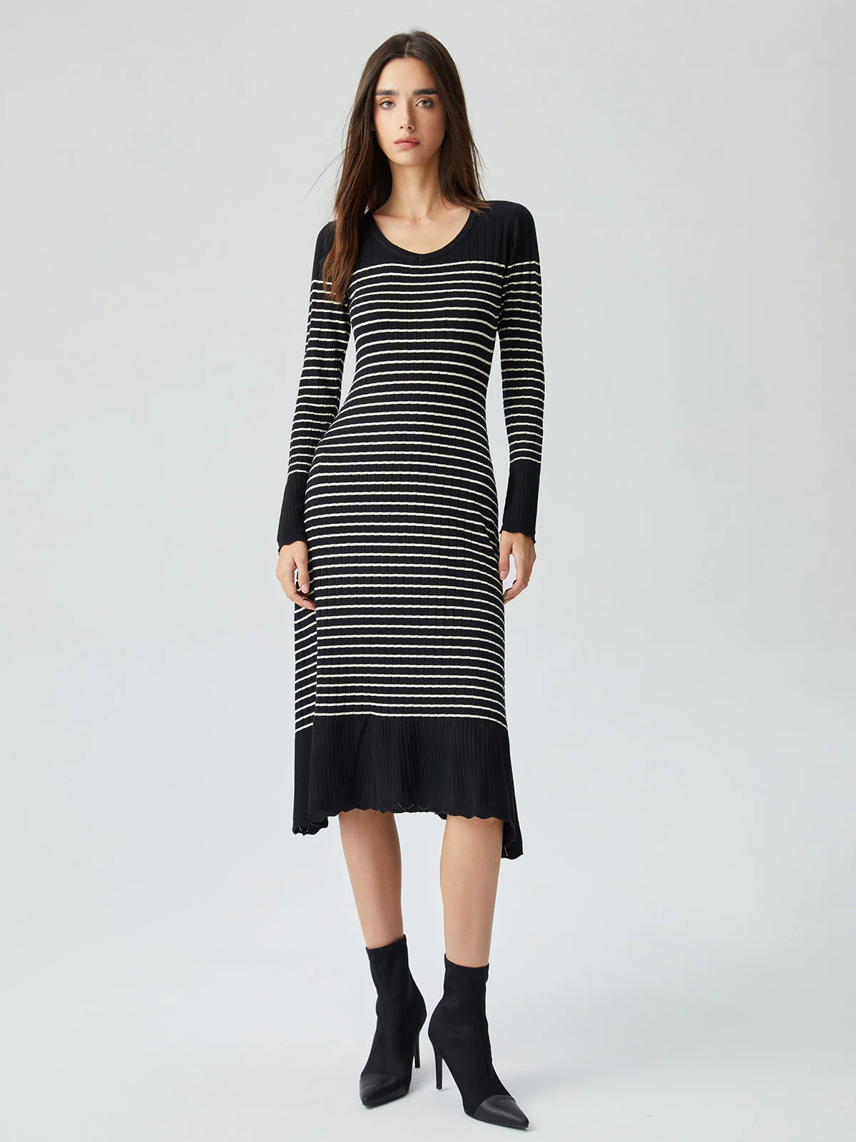 Contrast Trim Striped Crew Modern Neck Knit Sweater Dress - Image 9