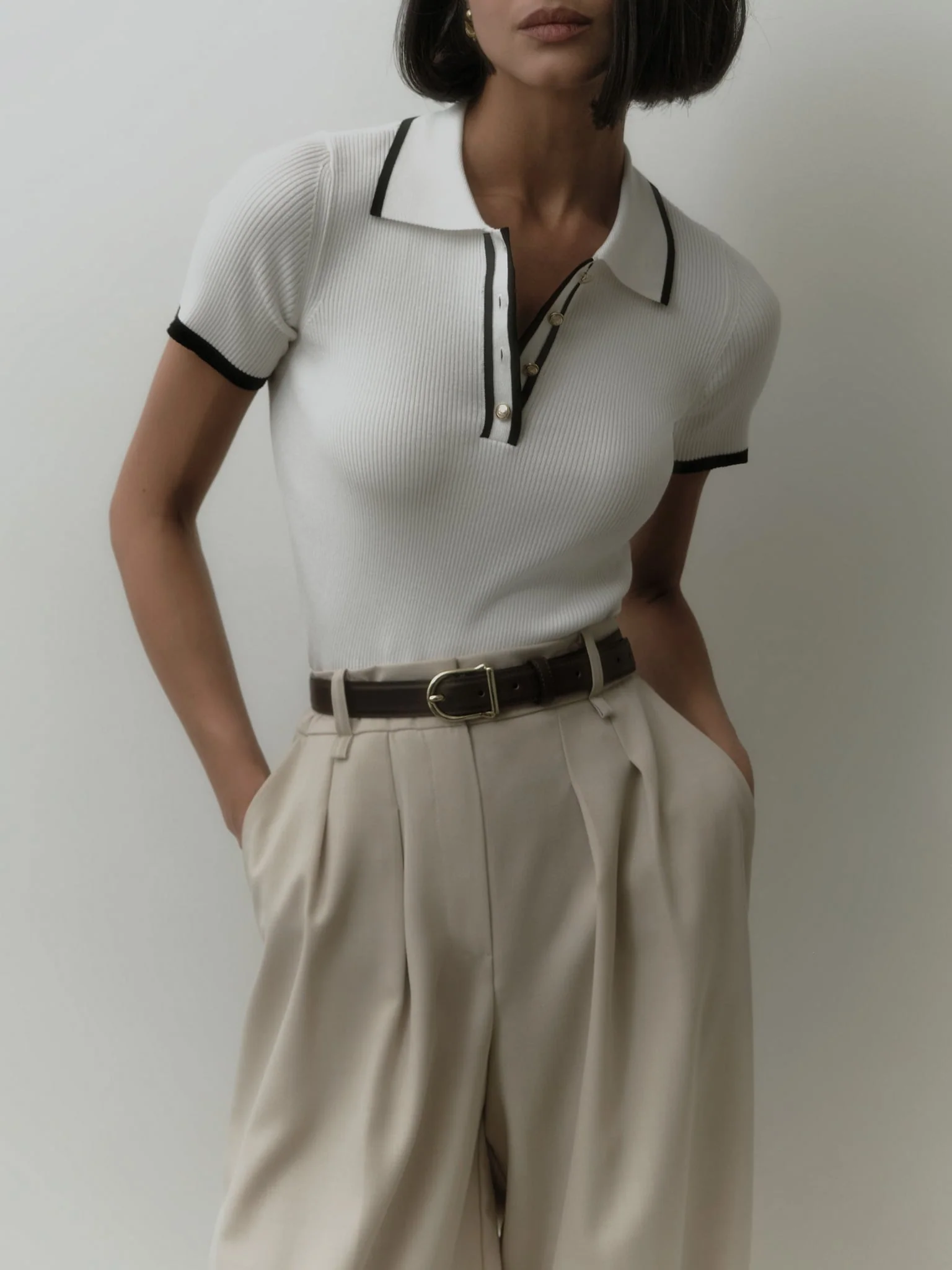 Contrast Trim Metal Trendy Button Knit Top - Image 2