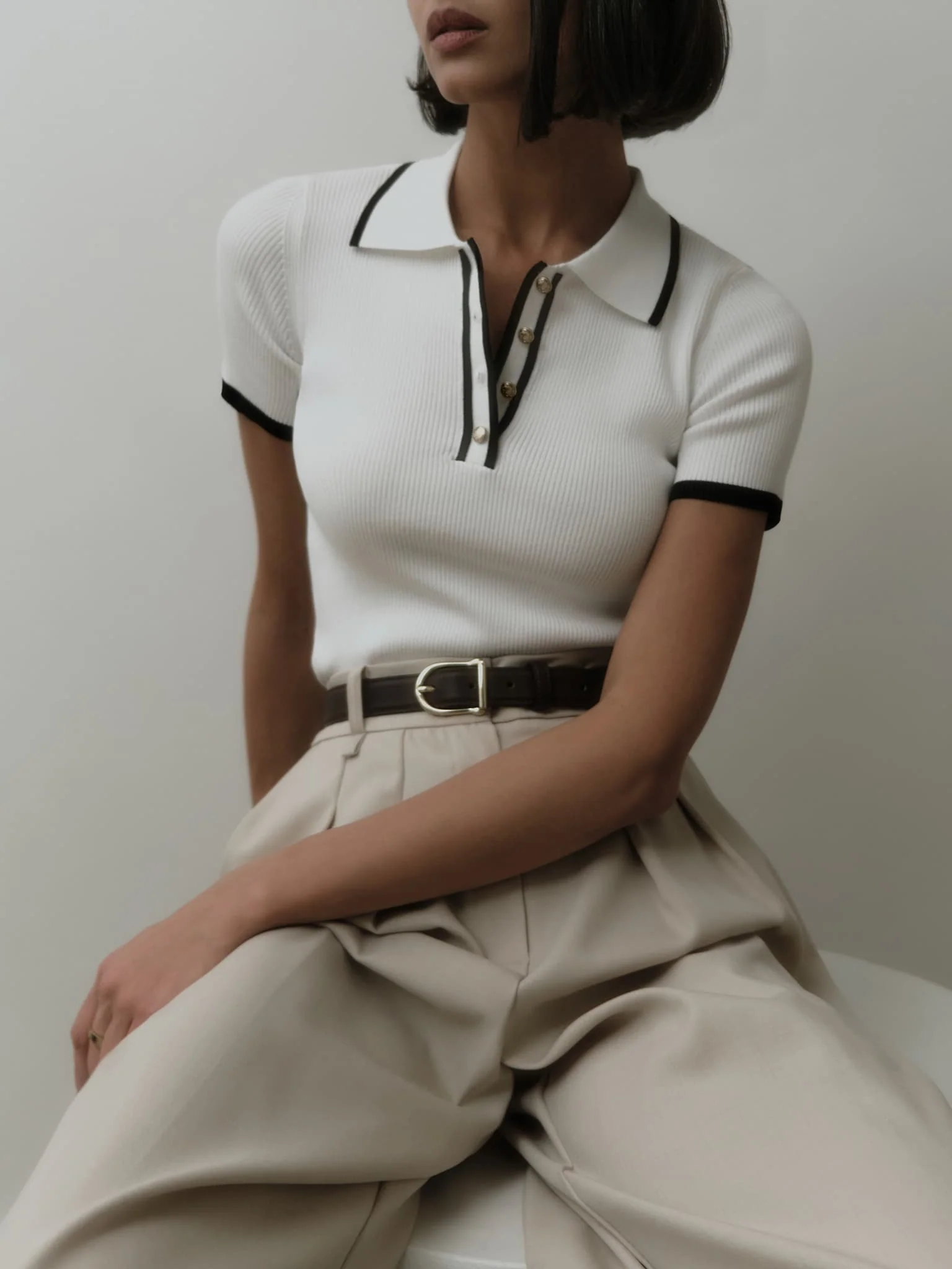 Contrast Trim Metal Trendy Button Knit Top - Image 3