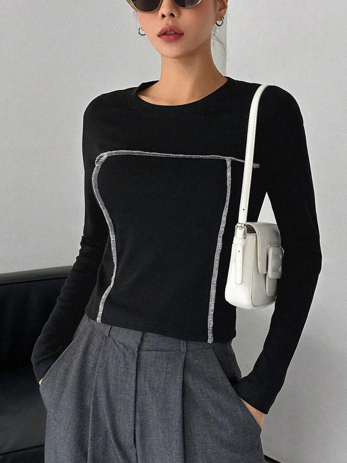 Contrast Trim Crew Trendy Neck Long Sleeve Shirt - Image 8
