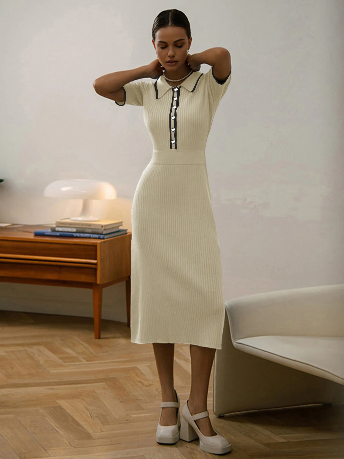 Contrast Trim Collared Rib Modern Knit Short Sleeve Midi Dress - Image 2