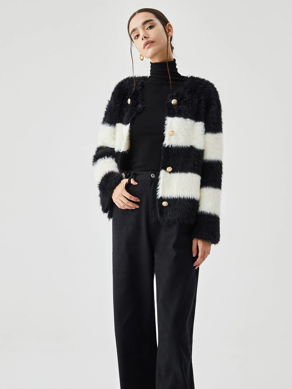 Colorblock Striped Graceful Fuzzy Button Cardigan - Image 2