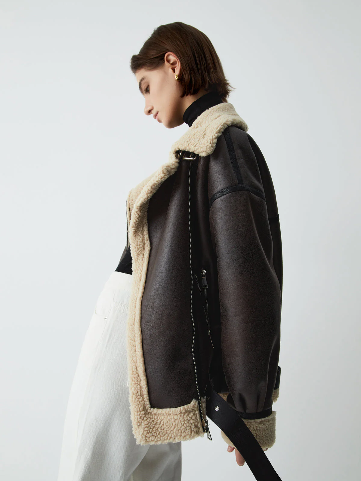 Classic Sherpa Lined Trendy Shearling Leather Flight Jacket - Image 11