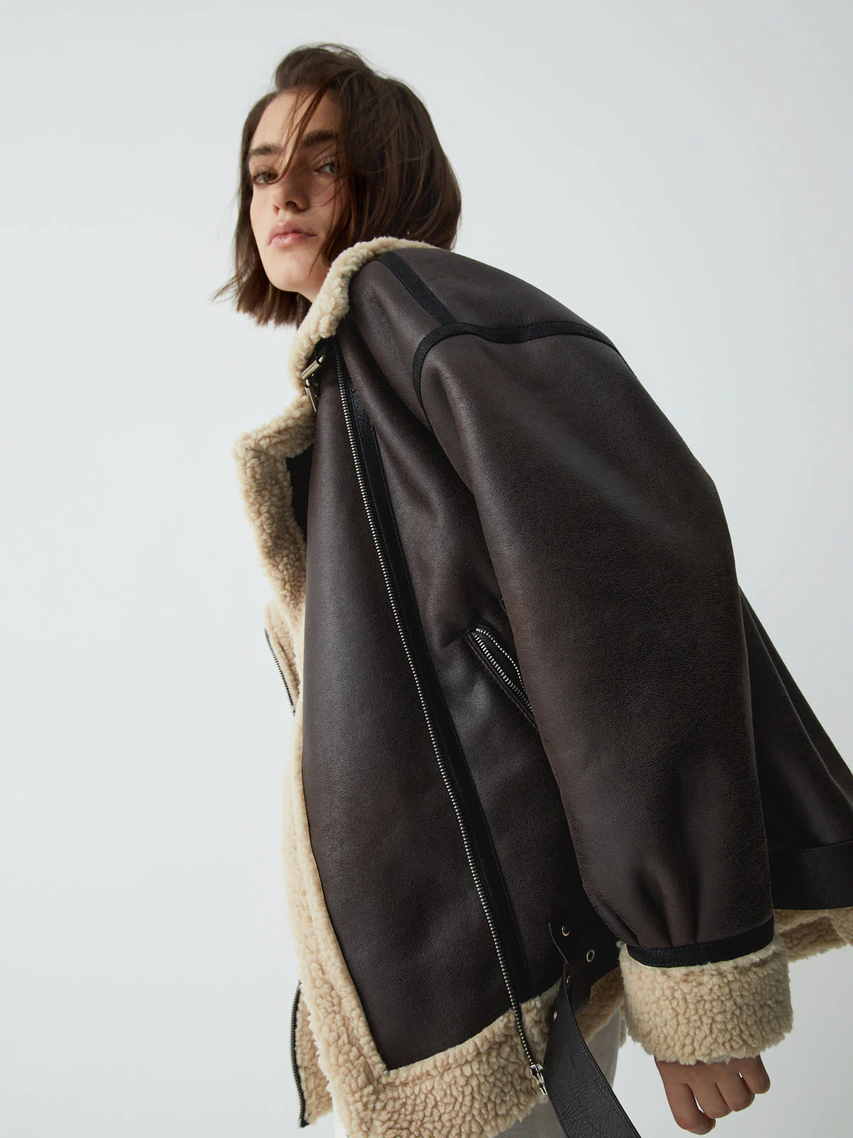 Classic Sherpa Lined Trendy Shearling Leather Flight Jacket - Image 6