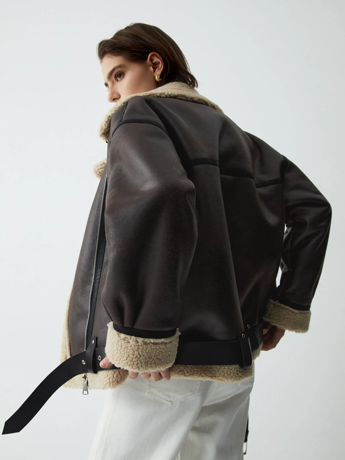 Classic Sherpa Lined Trendy Shearling Leather Flight Jacket - Image 8