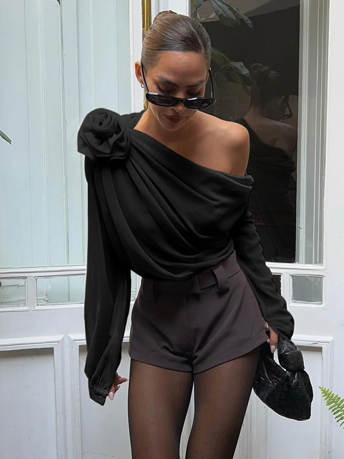 Chiffon Semi-sheer One Trendy Shoulder Asymmetrical Top - Image 10