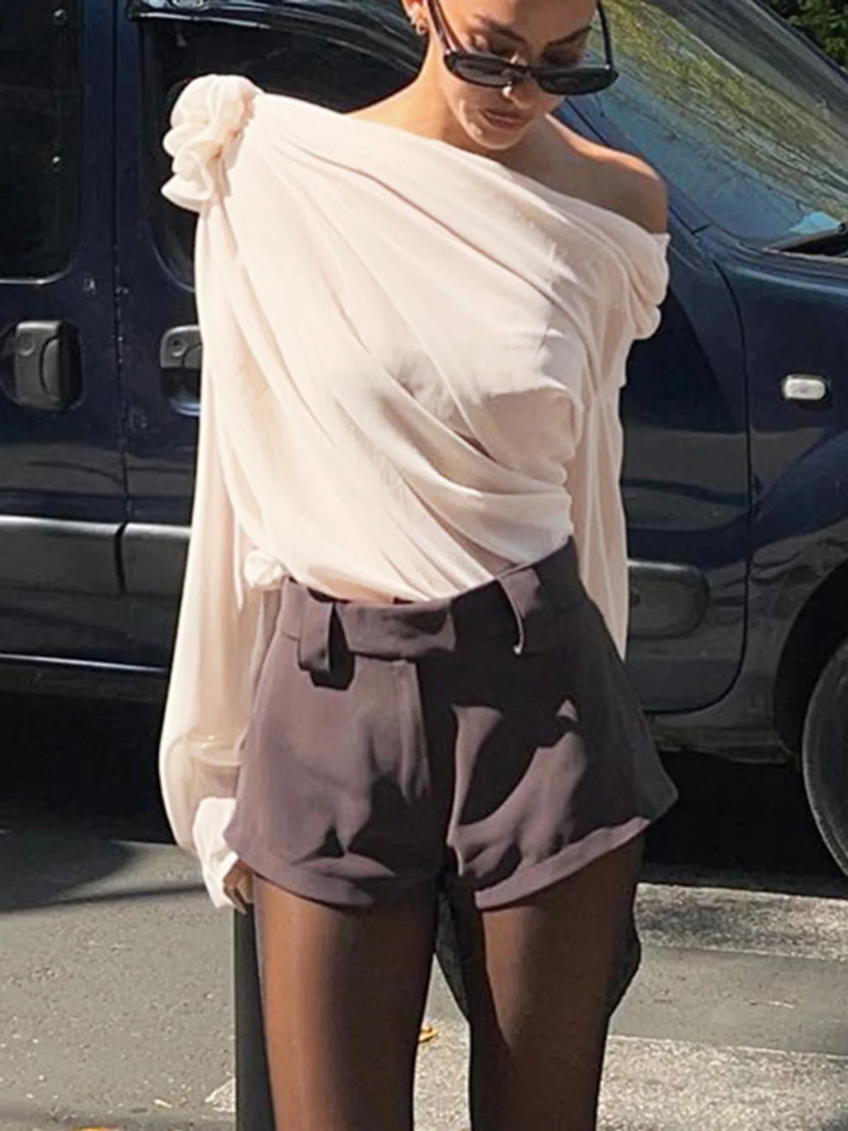 Chiffon Semi-sheer One Trendy Shoulder Asymmetrical Top - Image 12