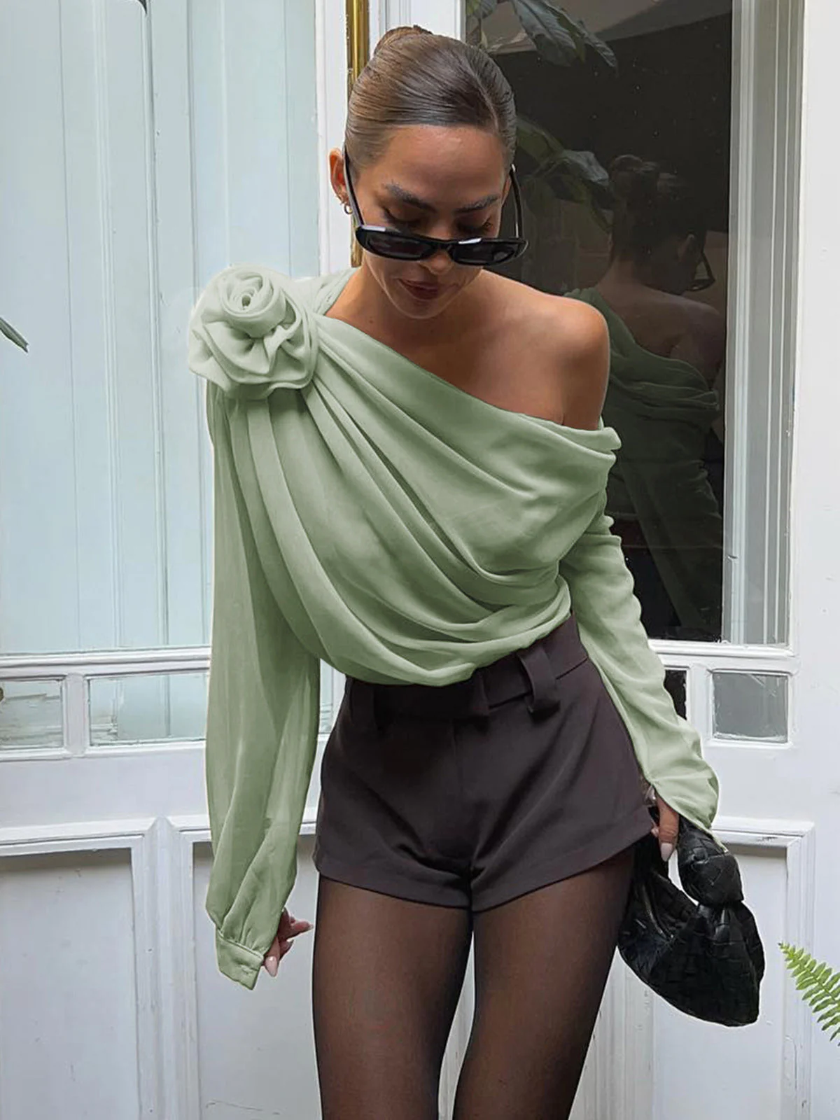 Chiffon Semi-sheer One Trendy Shoulder Asymmetrical Top - Image 20