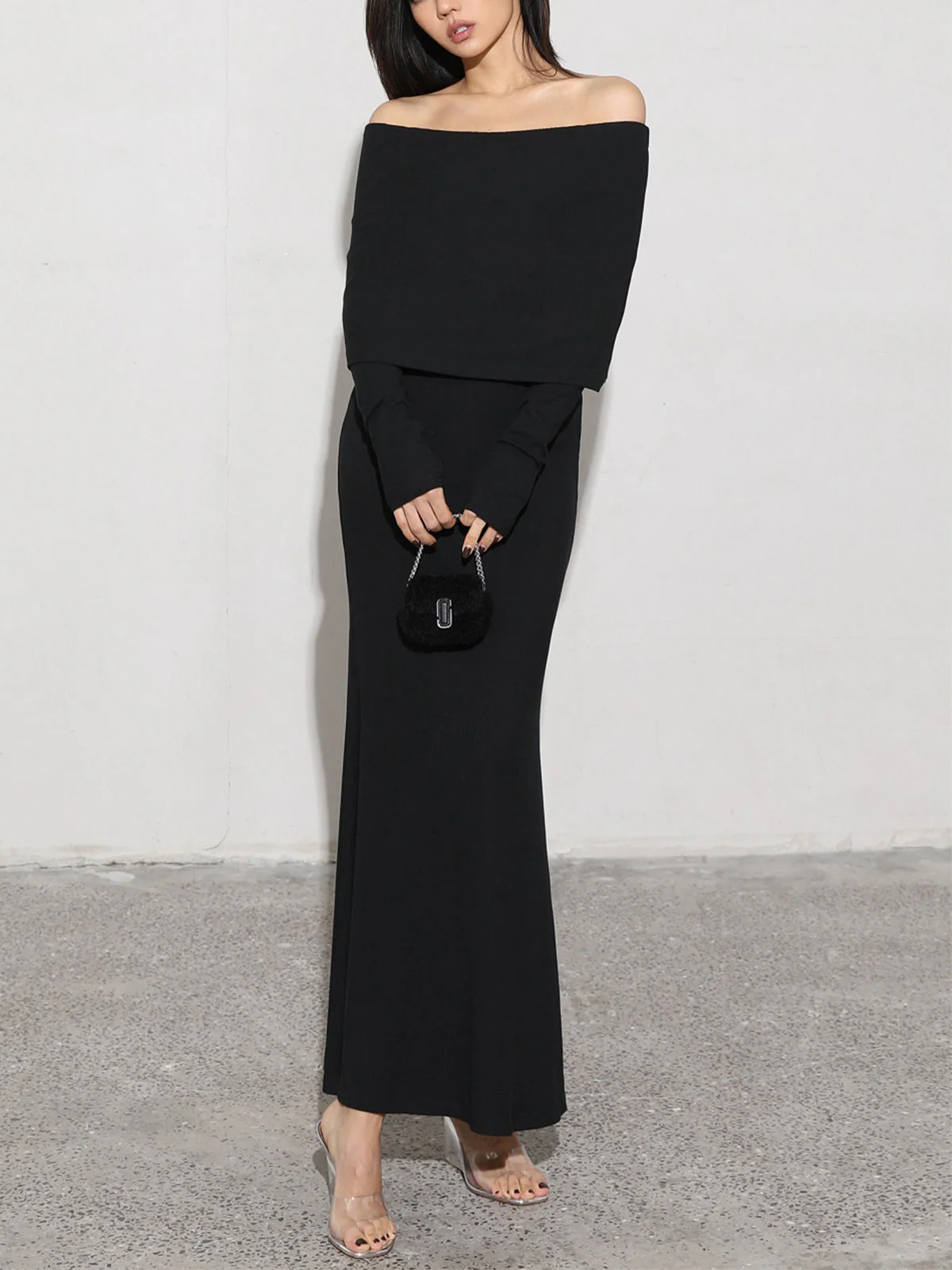 Charcoal Off Shoulder Overfold Modern Long Sleeve Long Dress - Image 17