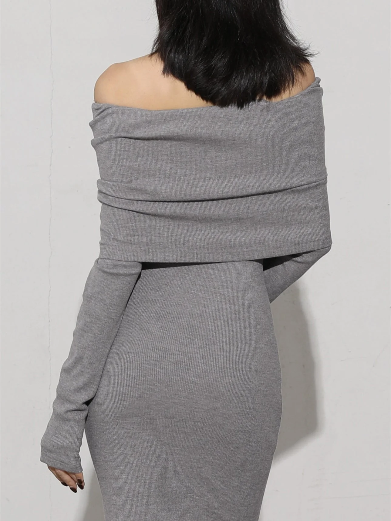 Charcoal Off Shoulder Overfold Modern Long Sleeve Long Dress - Image 2